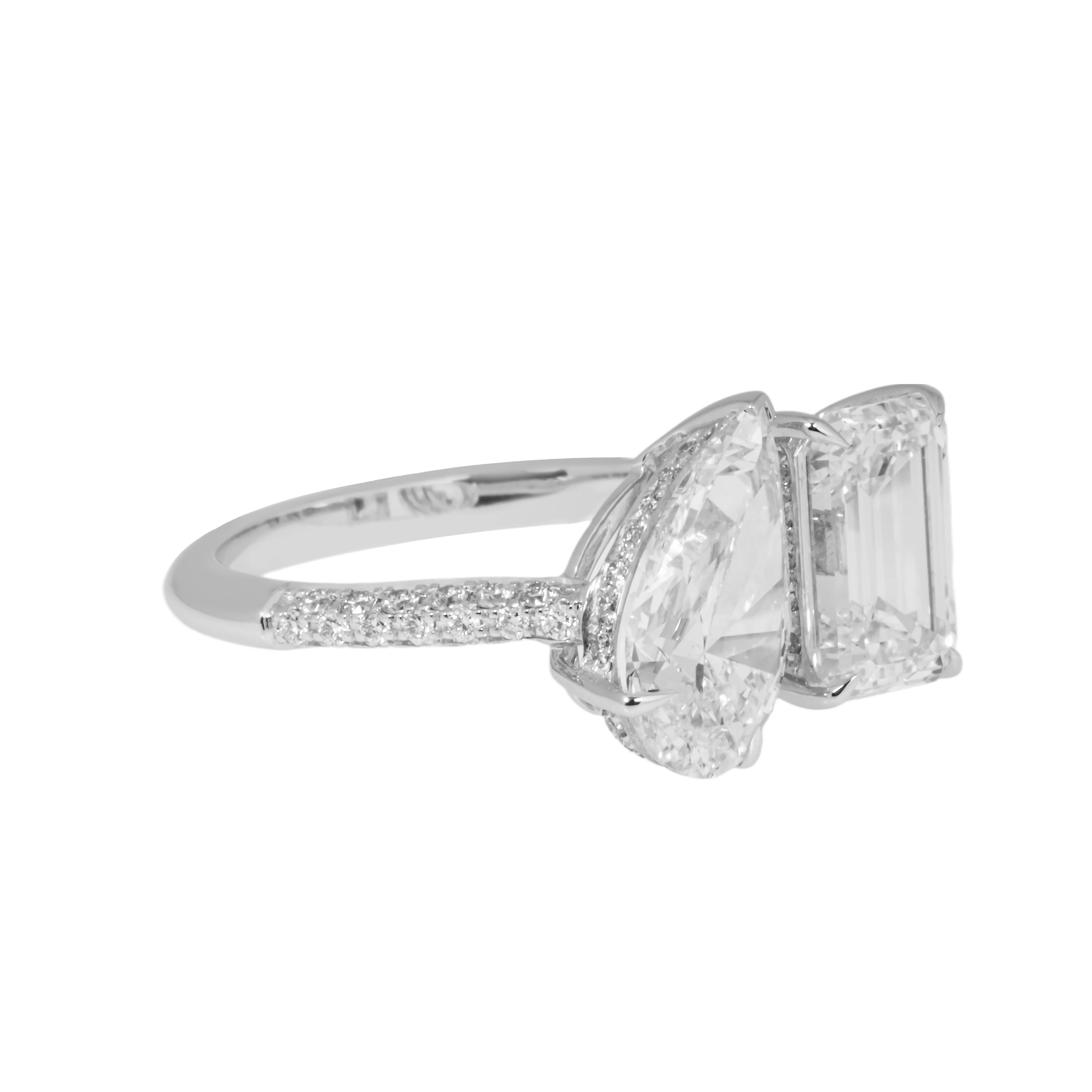 14K White Gold Pear & Emerald Cut Double Diamond Toi et Moi Ring 4.53ctw - Image 4