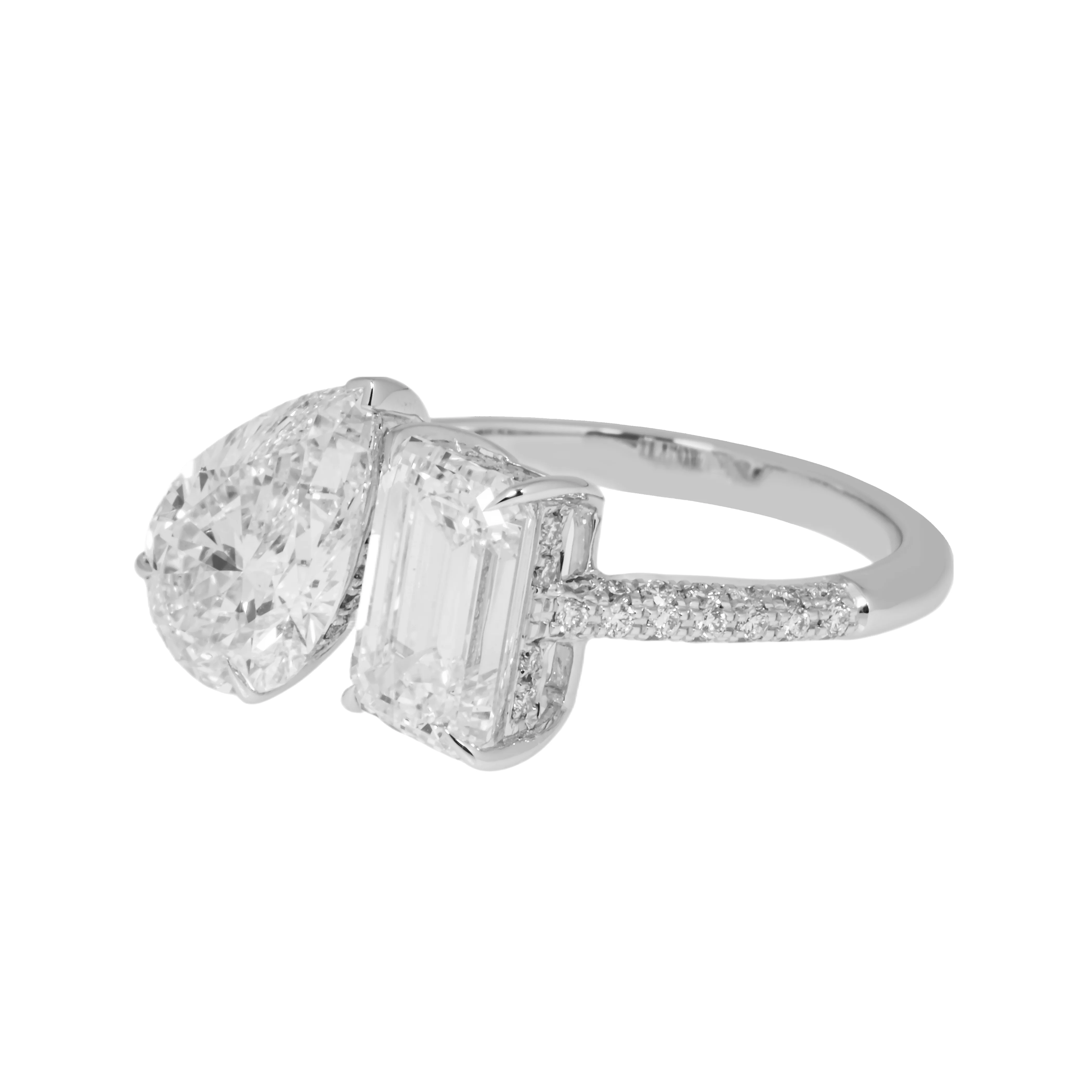14K White Gold Pear & Emerald Cut Double Diamond Toi et Moi Ring 4.53ctw - Image 5