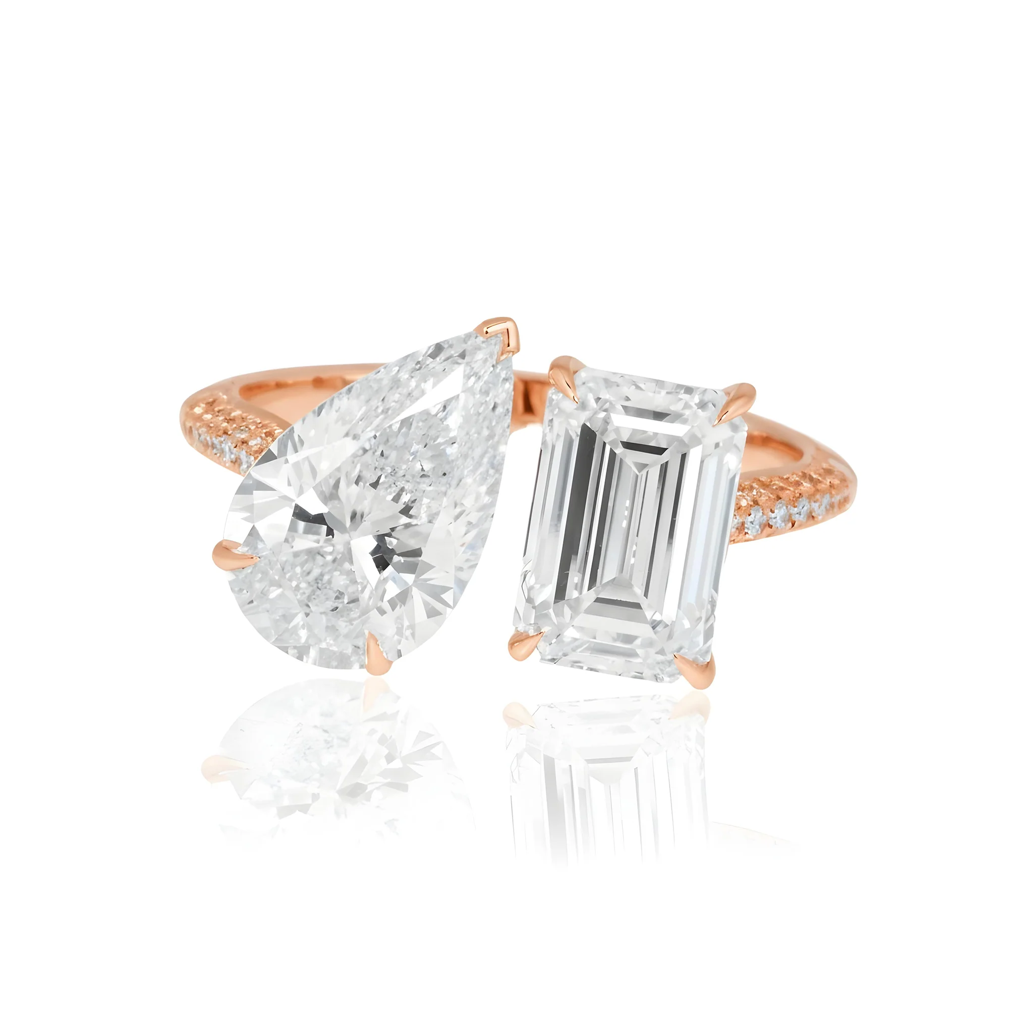 14K White Gold Pear & Emerald Cut Double Diamond Toi et Moi Ring 4.53ctw - Image 8