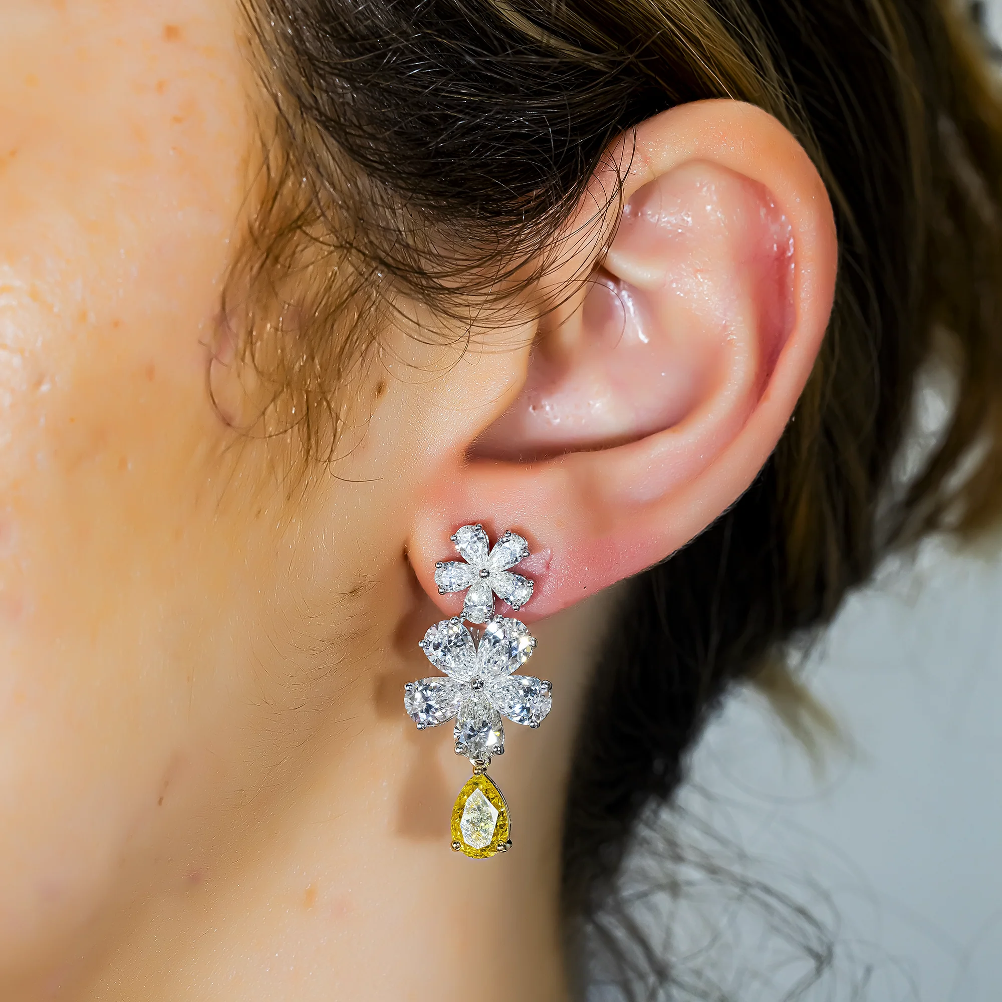 14K White Gold Pear Fancy Yellow & White Diamond Flower Drop Earrings 14.45ctw - Image 2