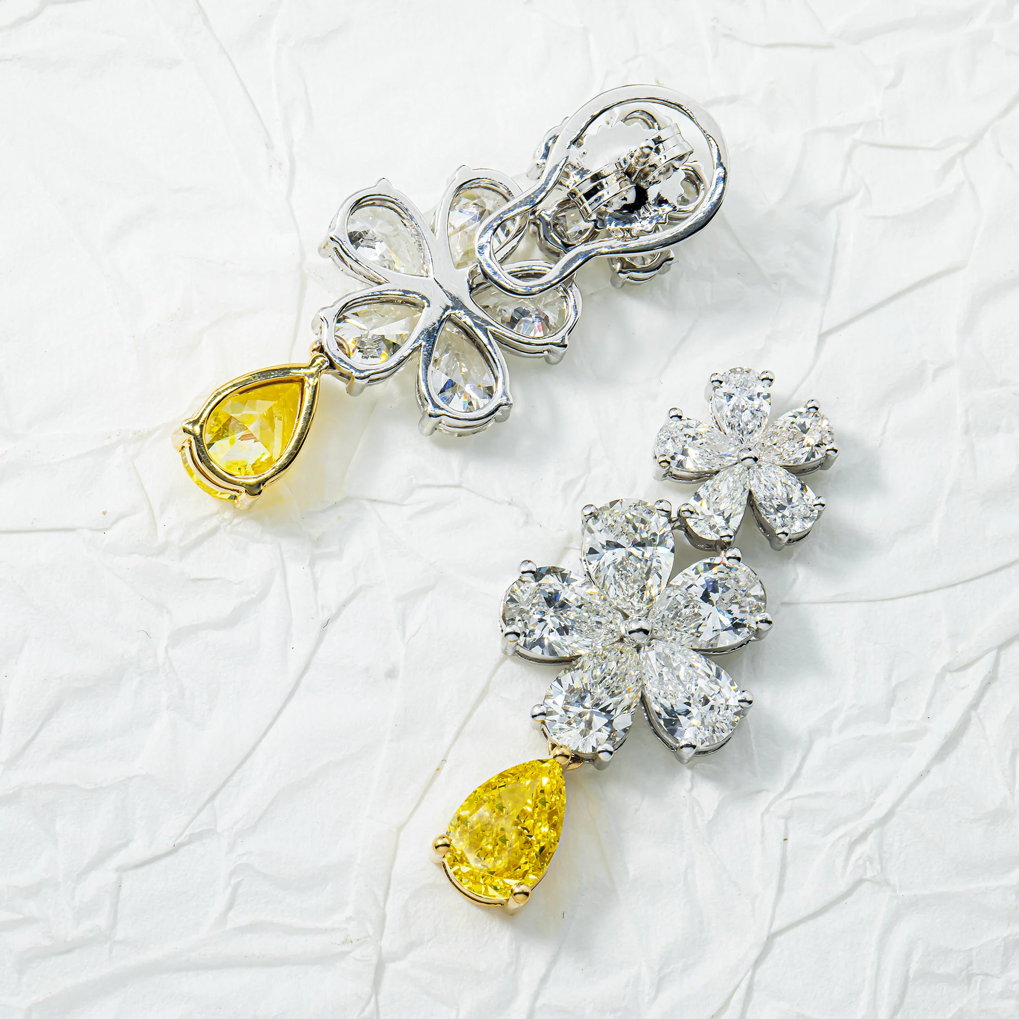 14K White Gold Pear Fancy Yellow & White Diamond Flower Drop Earrings 14.45ctw - Image 3