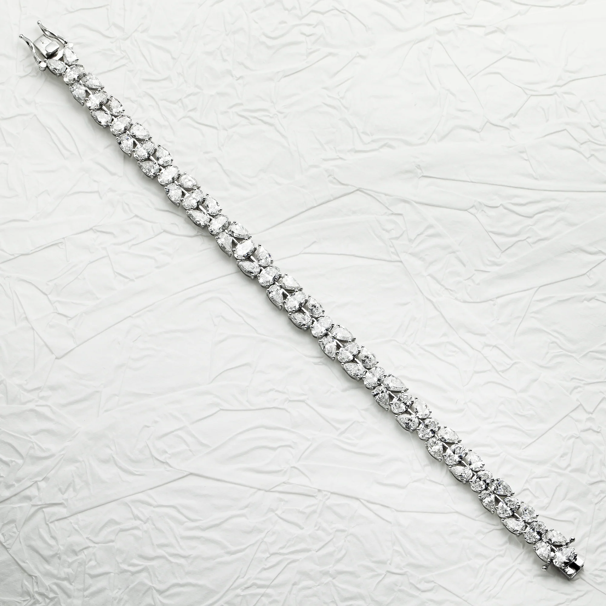 14K White Gold Pear & Oval Cut Diamond Rose Bud Bracelet 18.83ct - Image 3
