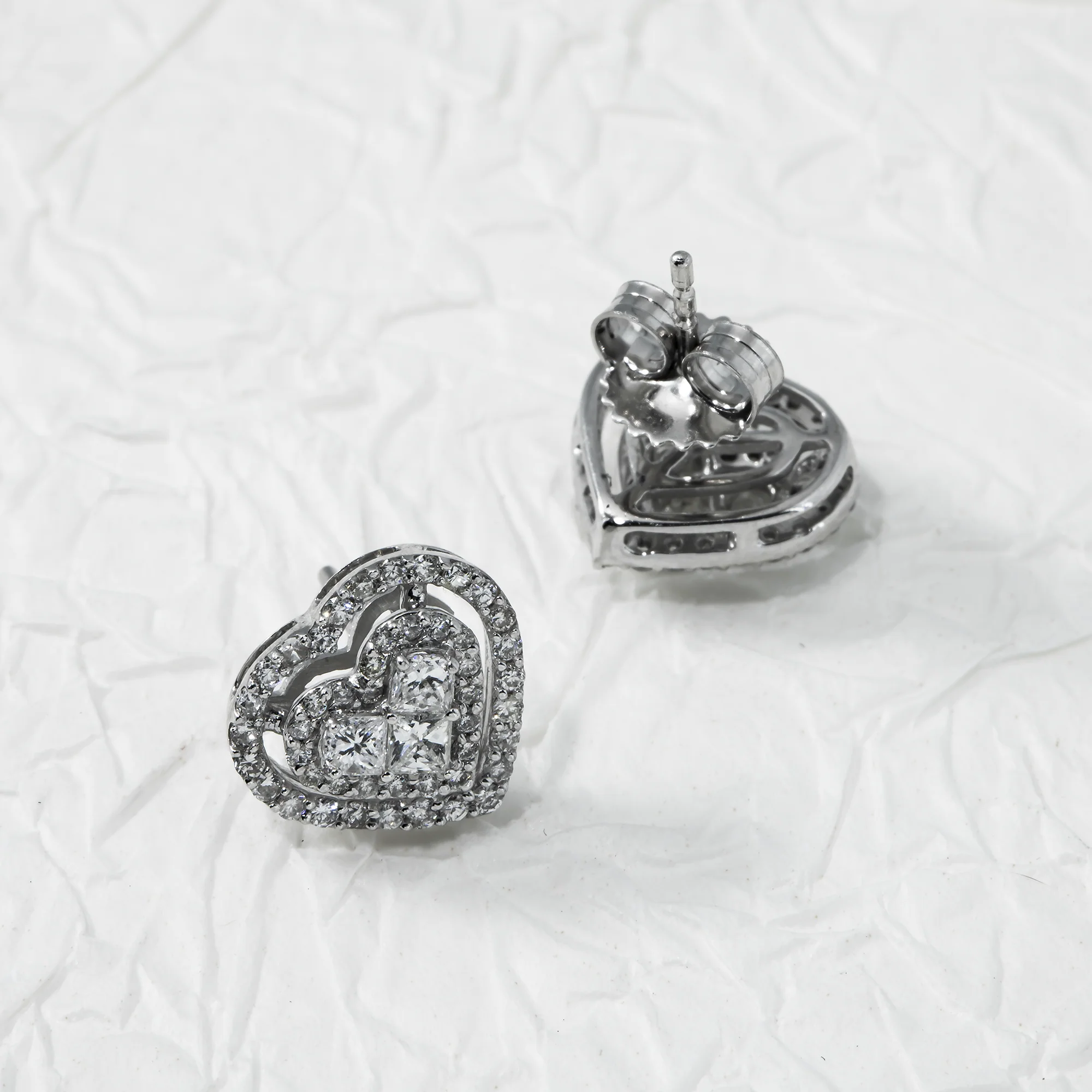 14K White Gold Princess Cut Heart Diamond Earrings 1.04ctw - Image 3