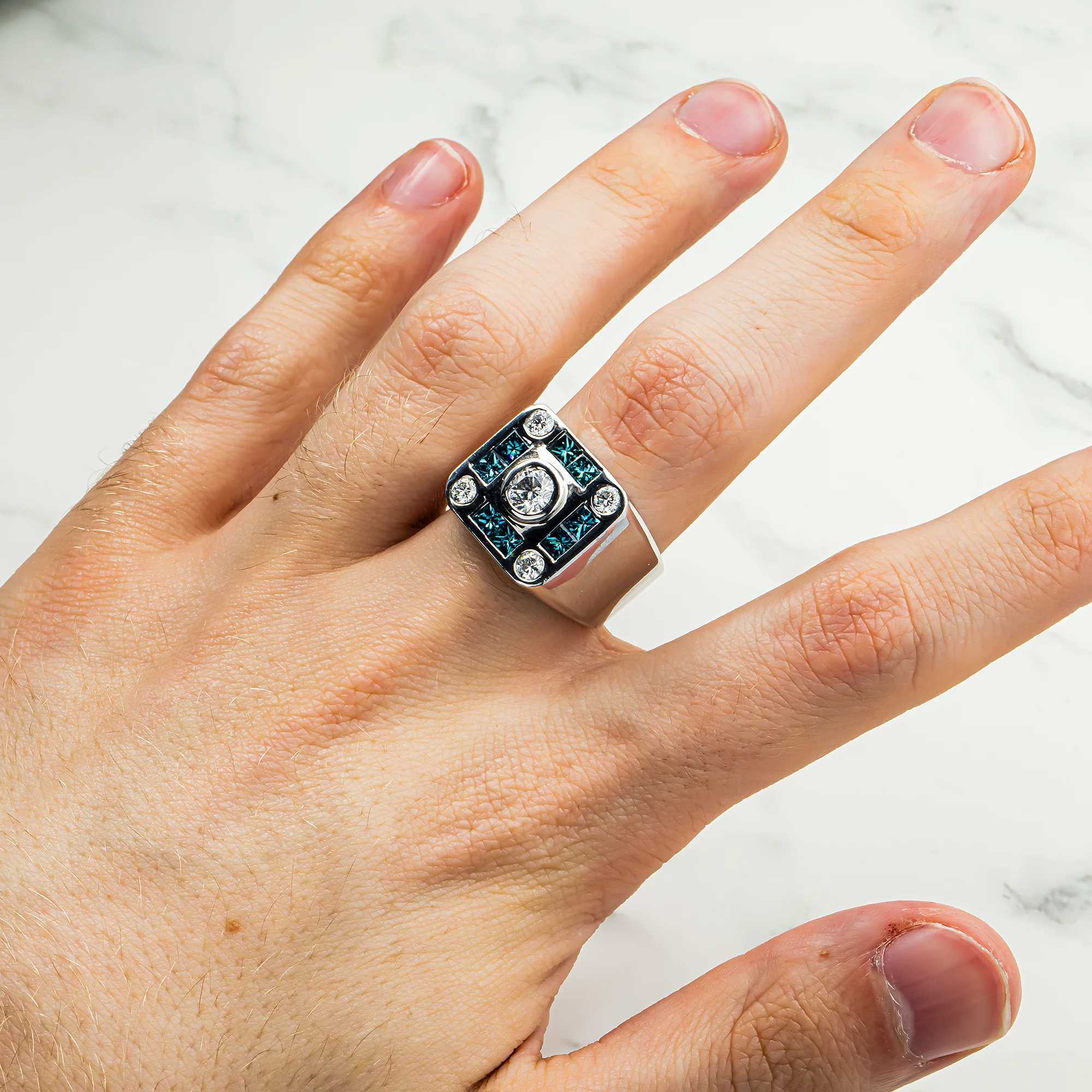 14K White Gold Princess Cut Fancy Blue & White Diamond Ring 2.68ct - Image 2