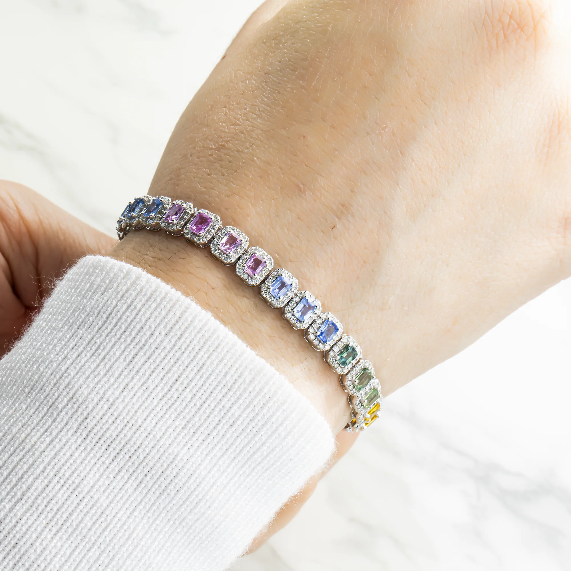 14K White Gold Rainbow Emerald Cut Gemstone & Diamond Bracelet - Image 2