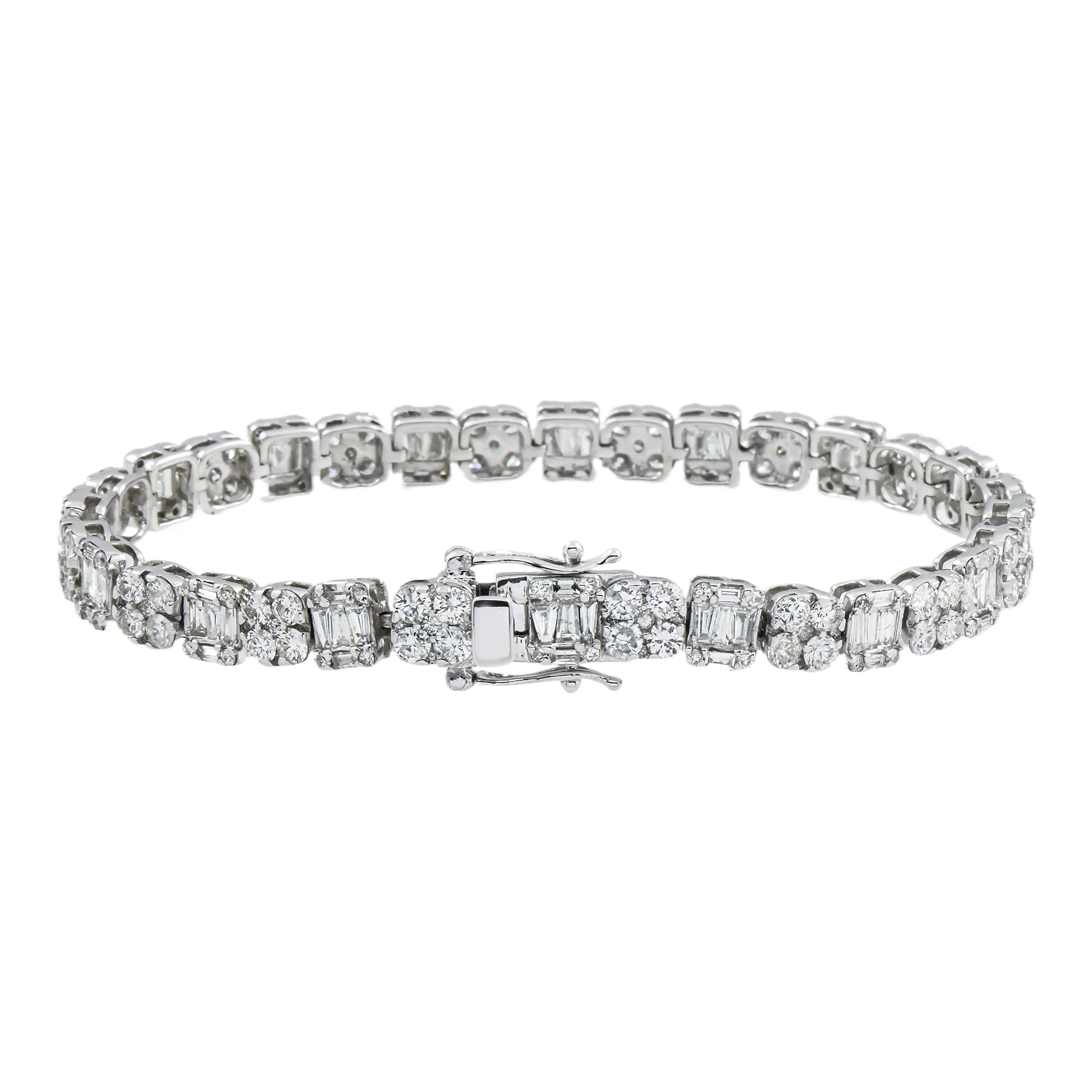 14K White Gold Round & Baguette Cut Diamond Tennis Bracelet 5.37ct - Image 4
