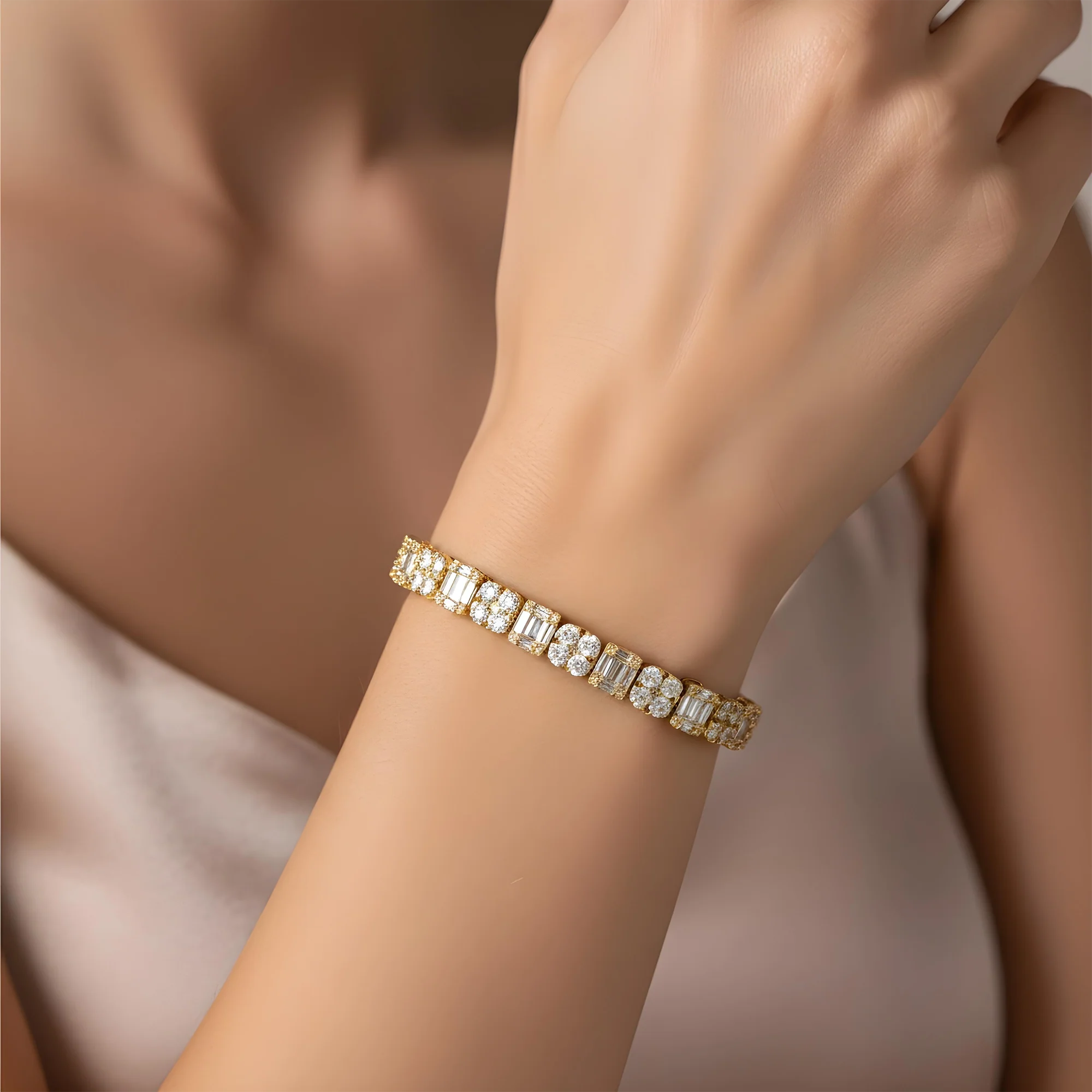 14K White Gold Round & Baguette Cut Diamond Tennis Bracelet 5.37ct - Image 6