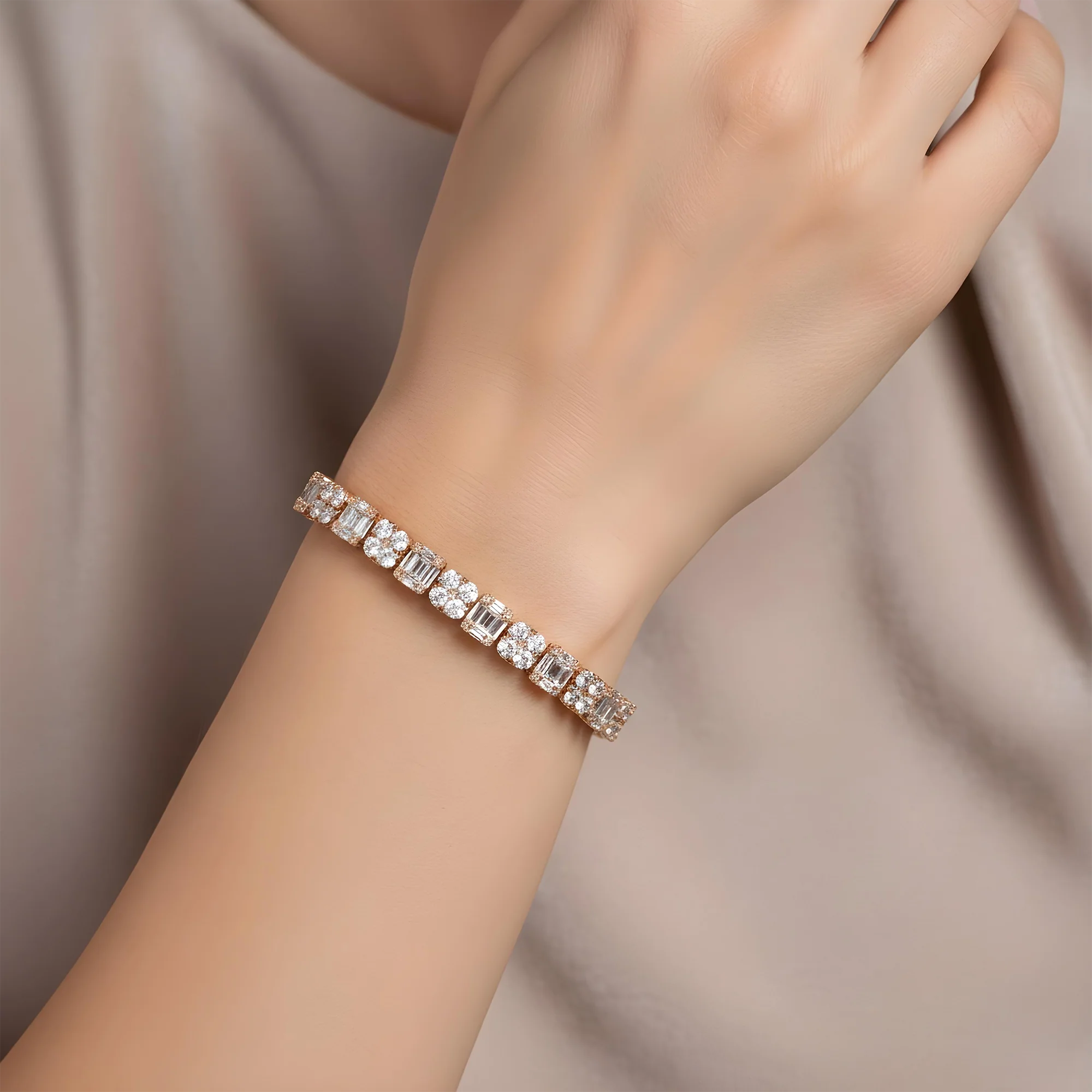 14K White Gold Round & Baguette Cut Diamond Tennis Bracelet 5.37ct - Image 8