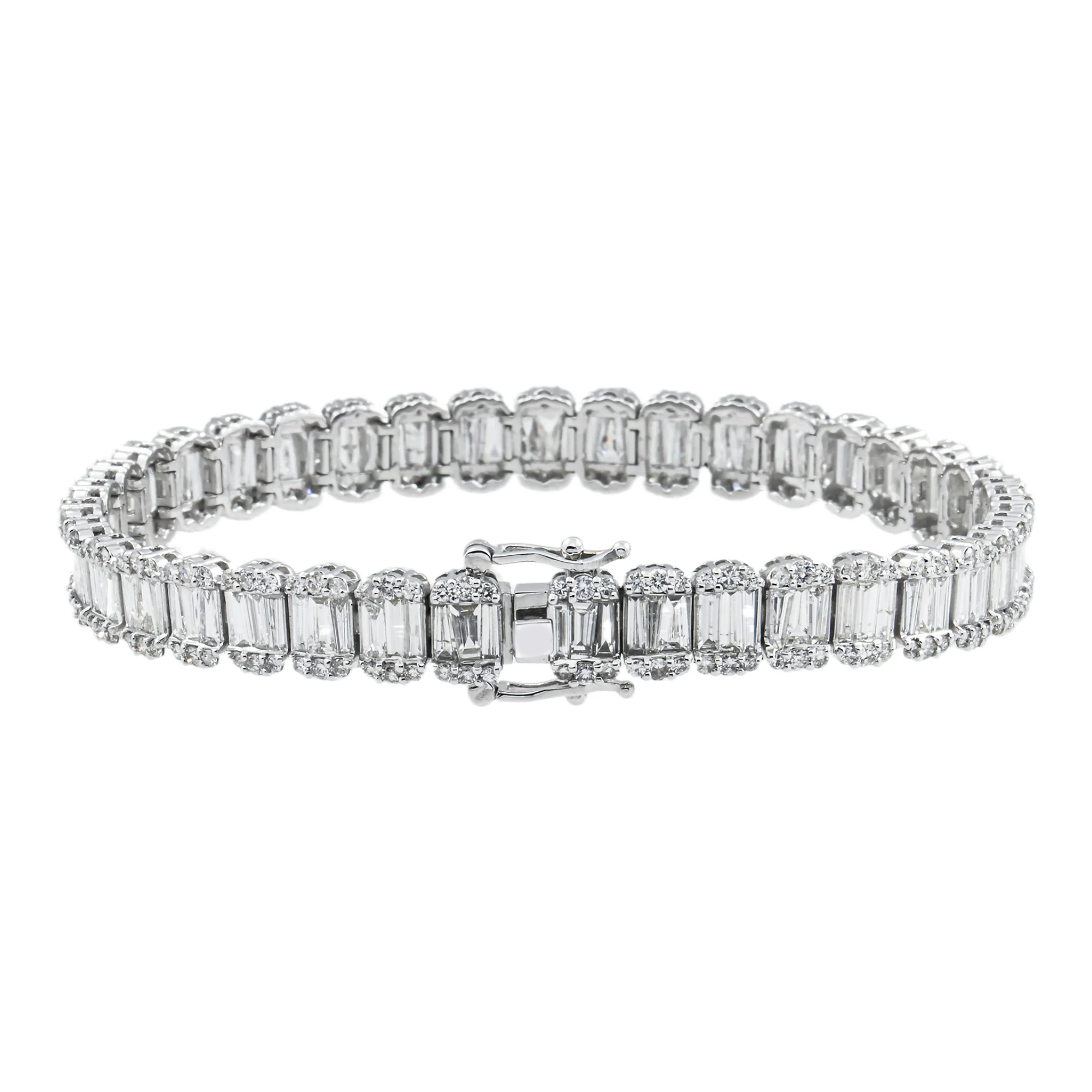 14K White Gold Round & Baguette Cut Diamond Tennis Bracelet 7.32ct - Image 4