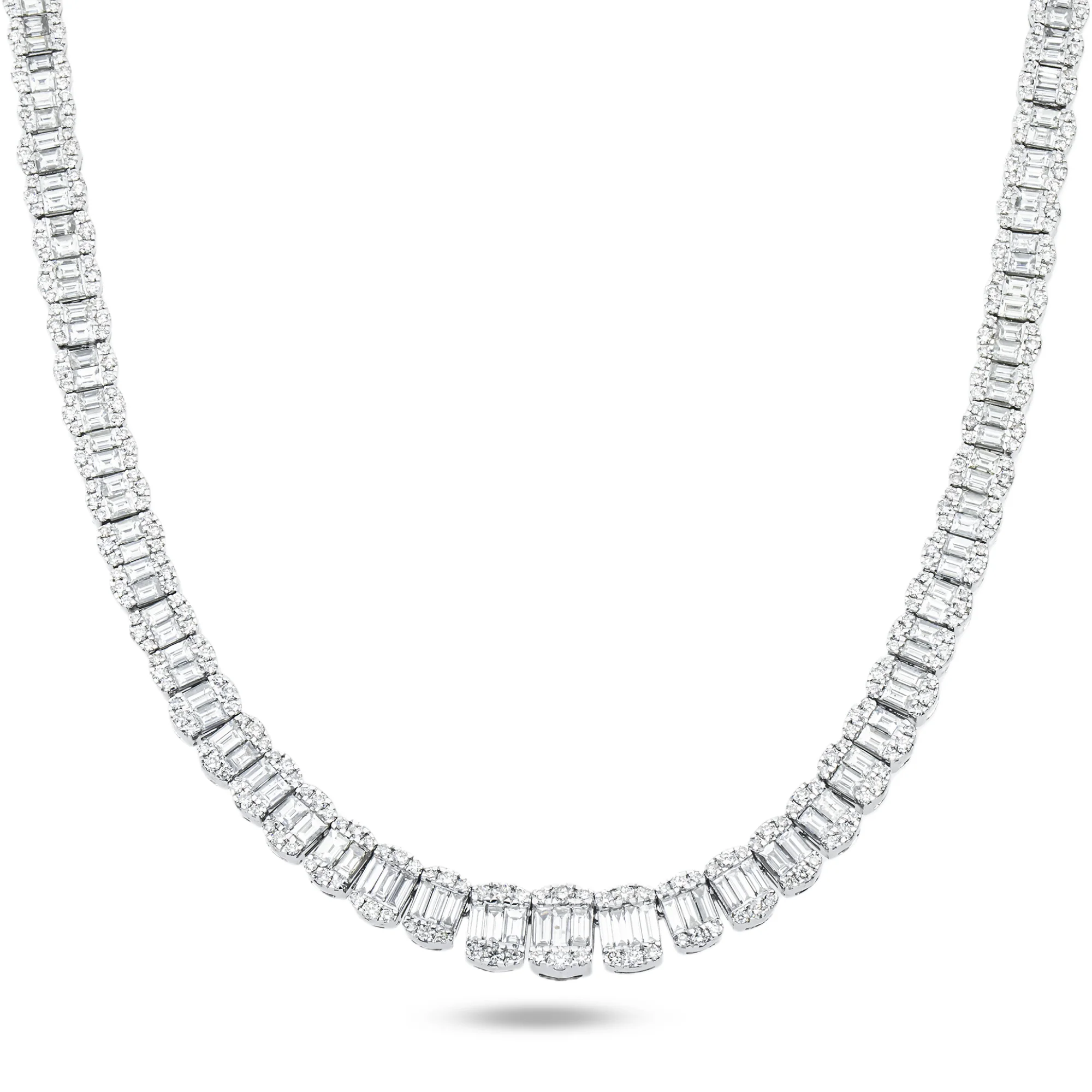 14K White Gold Graduated Round & Baguette Cut Diamond Tennis Chain 23.70ct