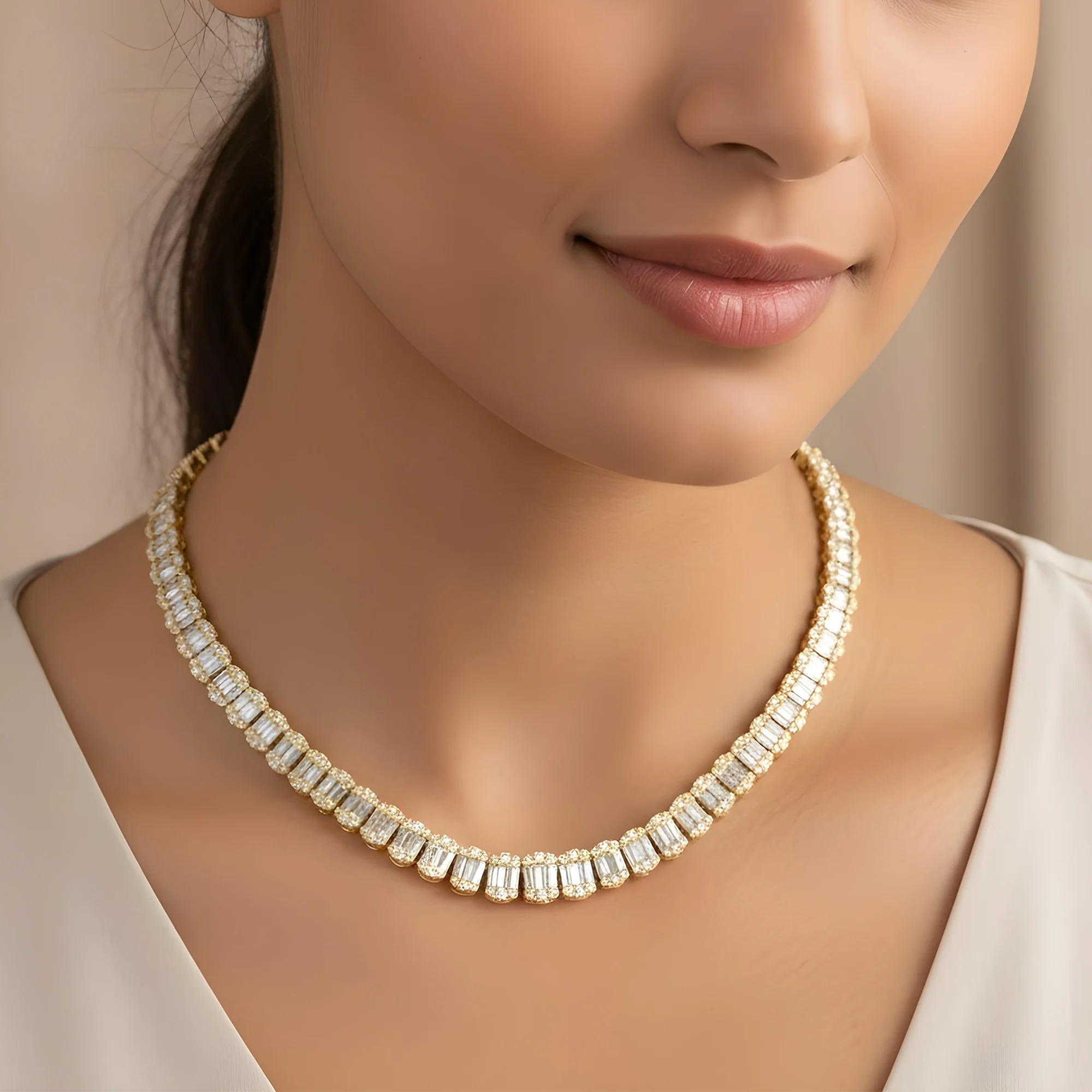 14K White Gold Graduated Round & Baguette Cut Diamond Tennis Chain 23.70ct - Image 6