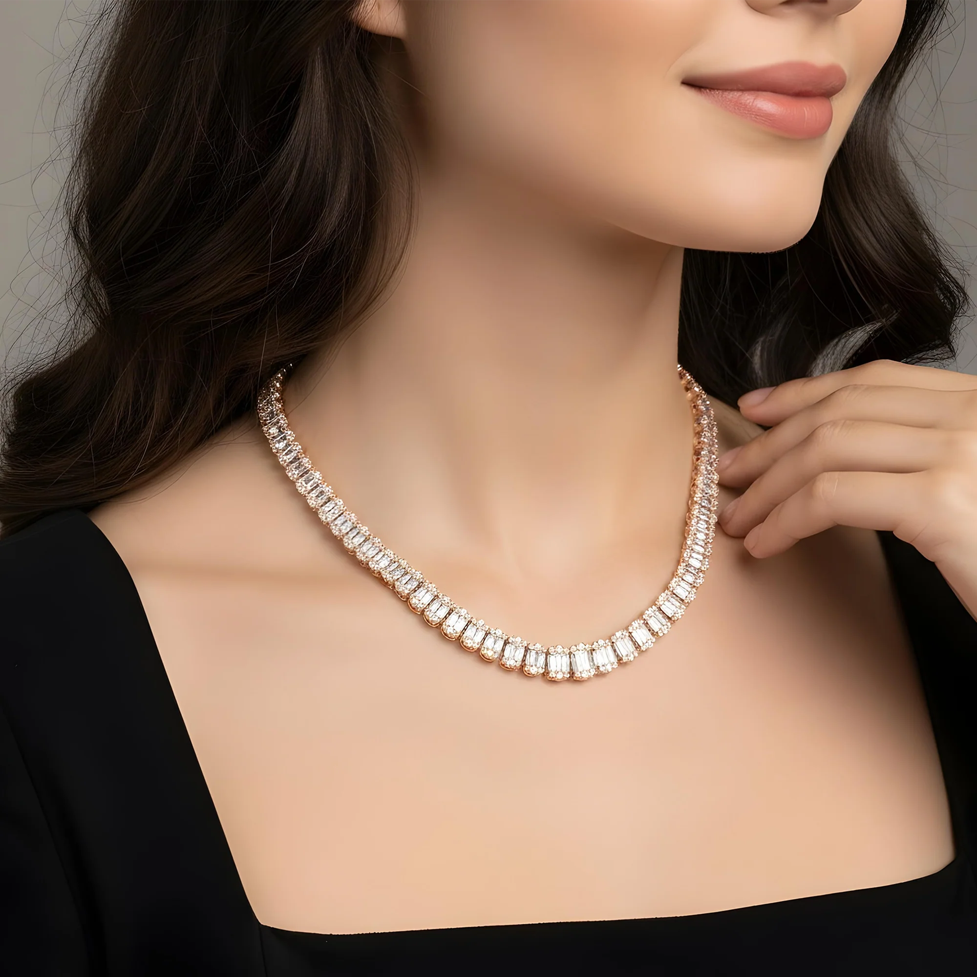 14K White Gold Graduated Round & Baguette Cut Diamond Tennis Chain 23.70ct - Image 8