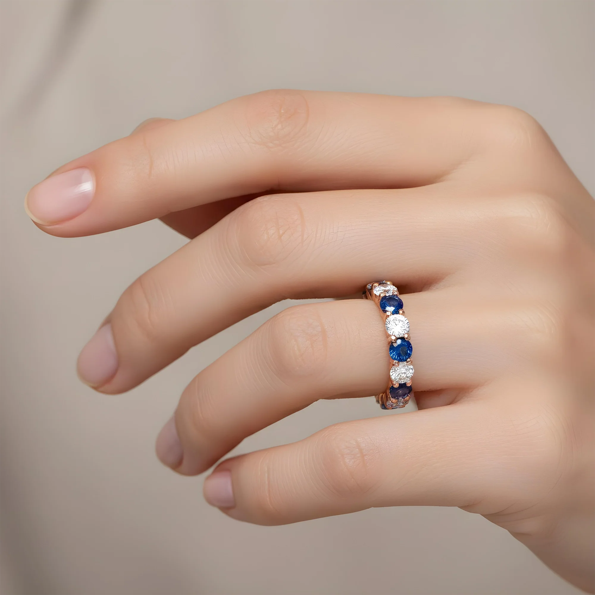 14K White Gold Round Sapphire & Diamond Eternity Ring 3.73ctw (size 6-8) - Image 8