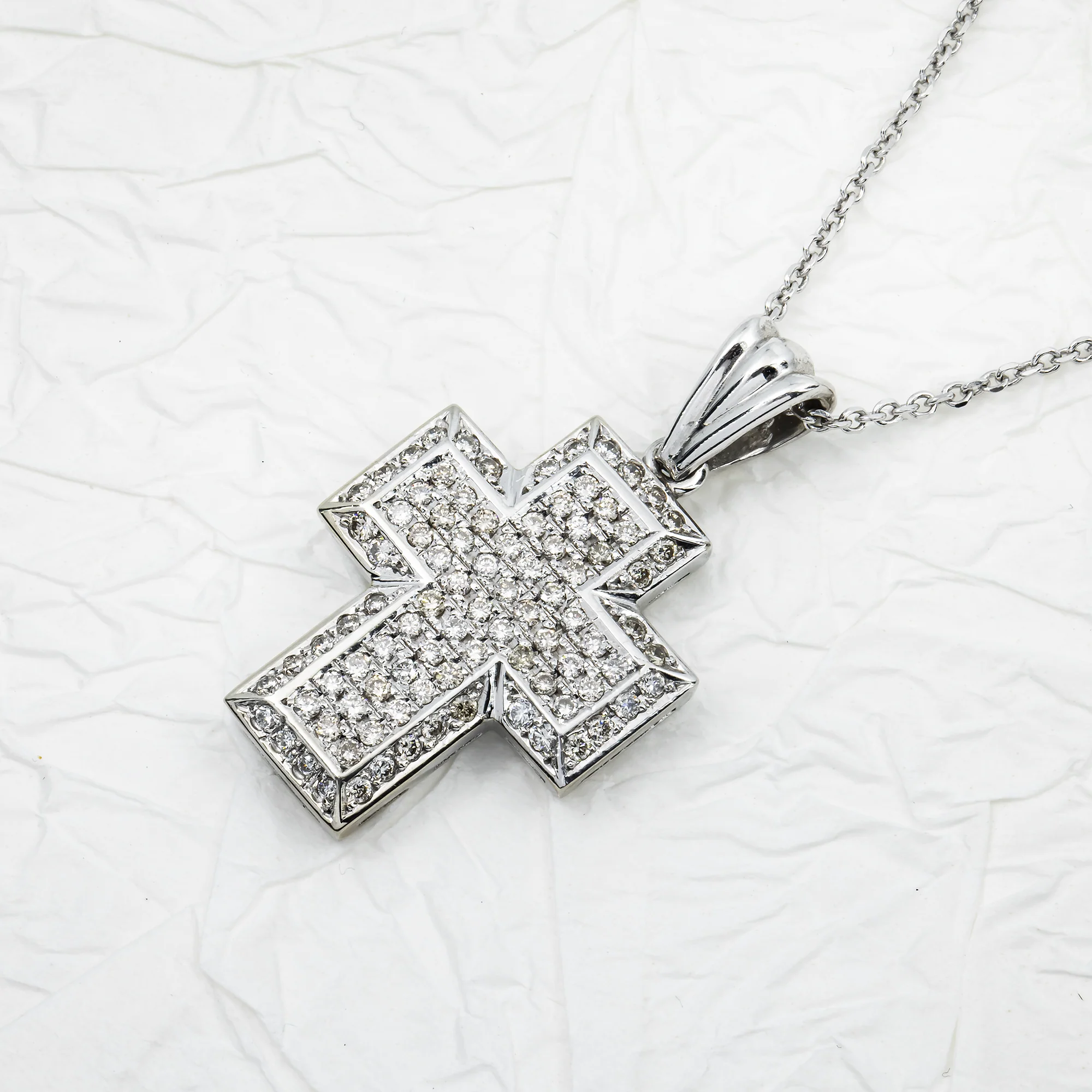 14K White Gold Round Diamond Cross Pendant & Chain Necklace 1.39ct - Image 3
