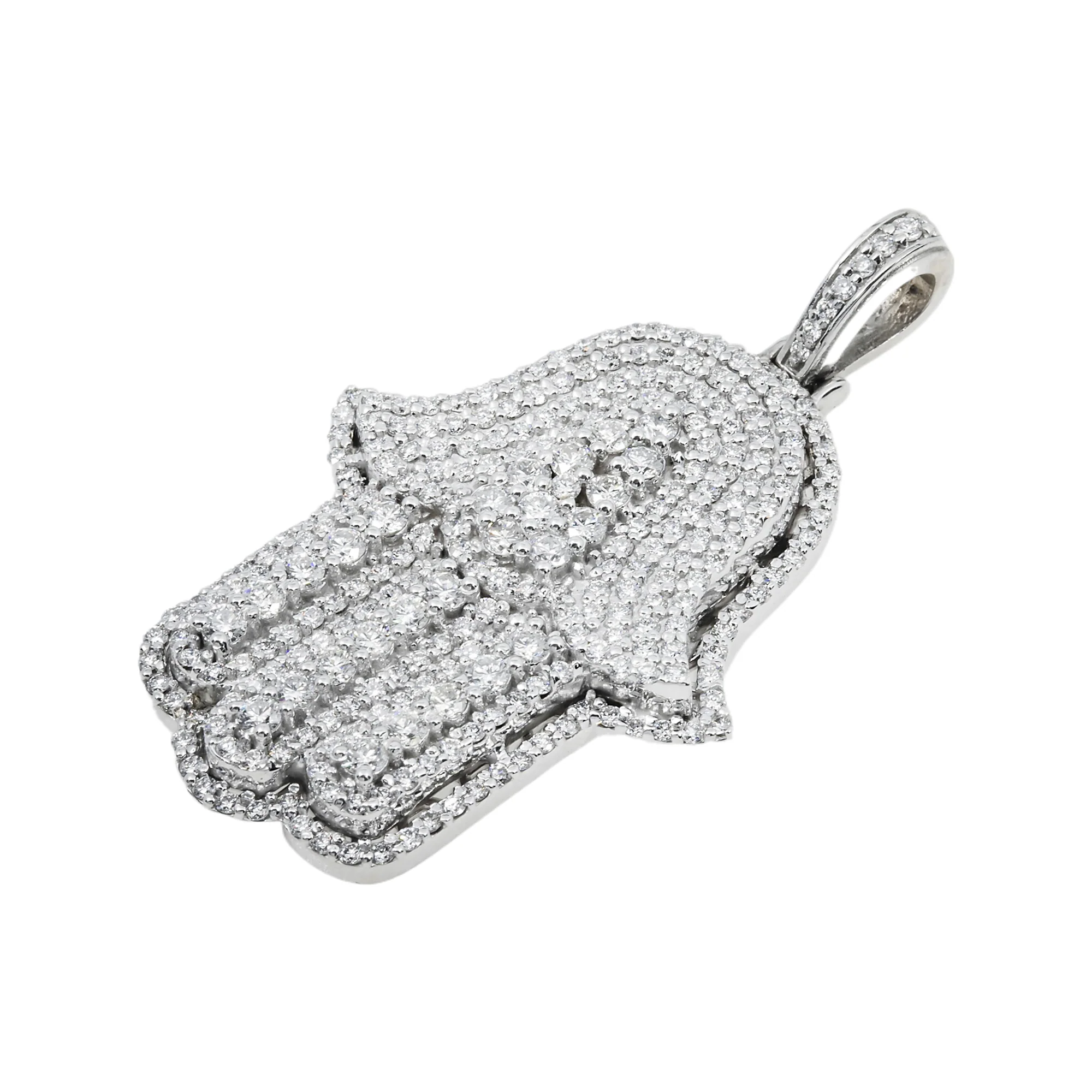 14K White Gold Round Diamond Bilevel Hamsa Pendant 4.0ct - Image 3