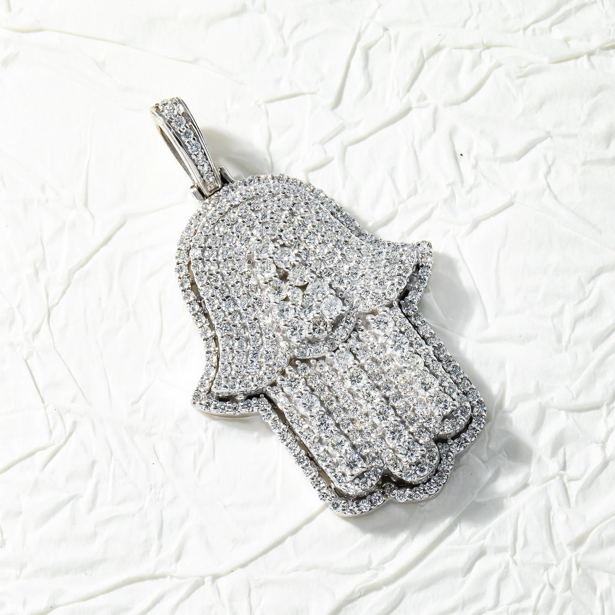 14K White Gold Round Diamond Bilevel Hamsa Pendant 4.0ct - Image 4