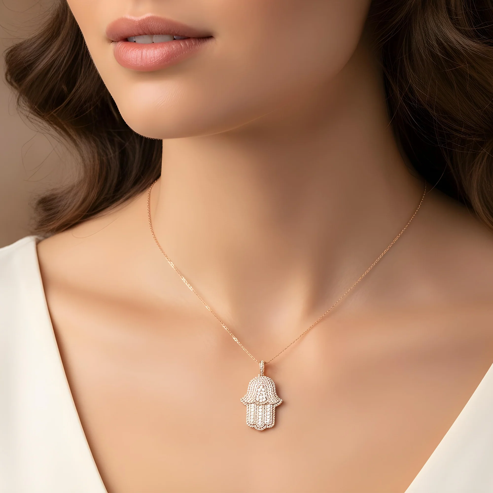 14K White Gold Round Diamond Bilevel Hamsa Pendant 4.0ct - Image 9