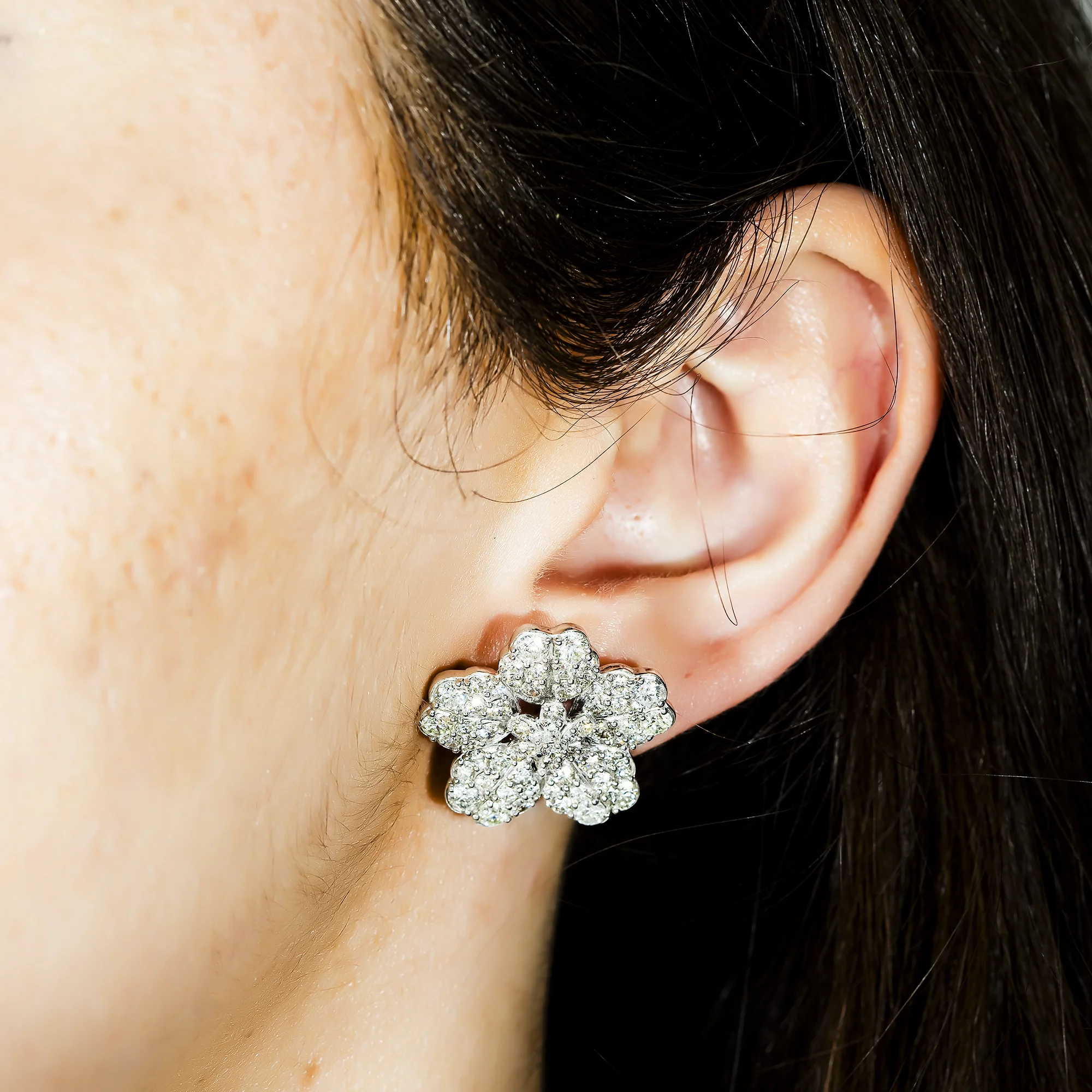 14K White Gold Round Diamond Flower Studs 4.90ctw - Image 2
