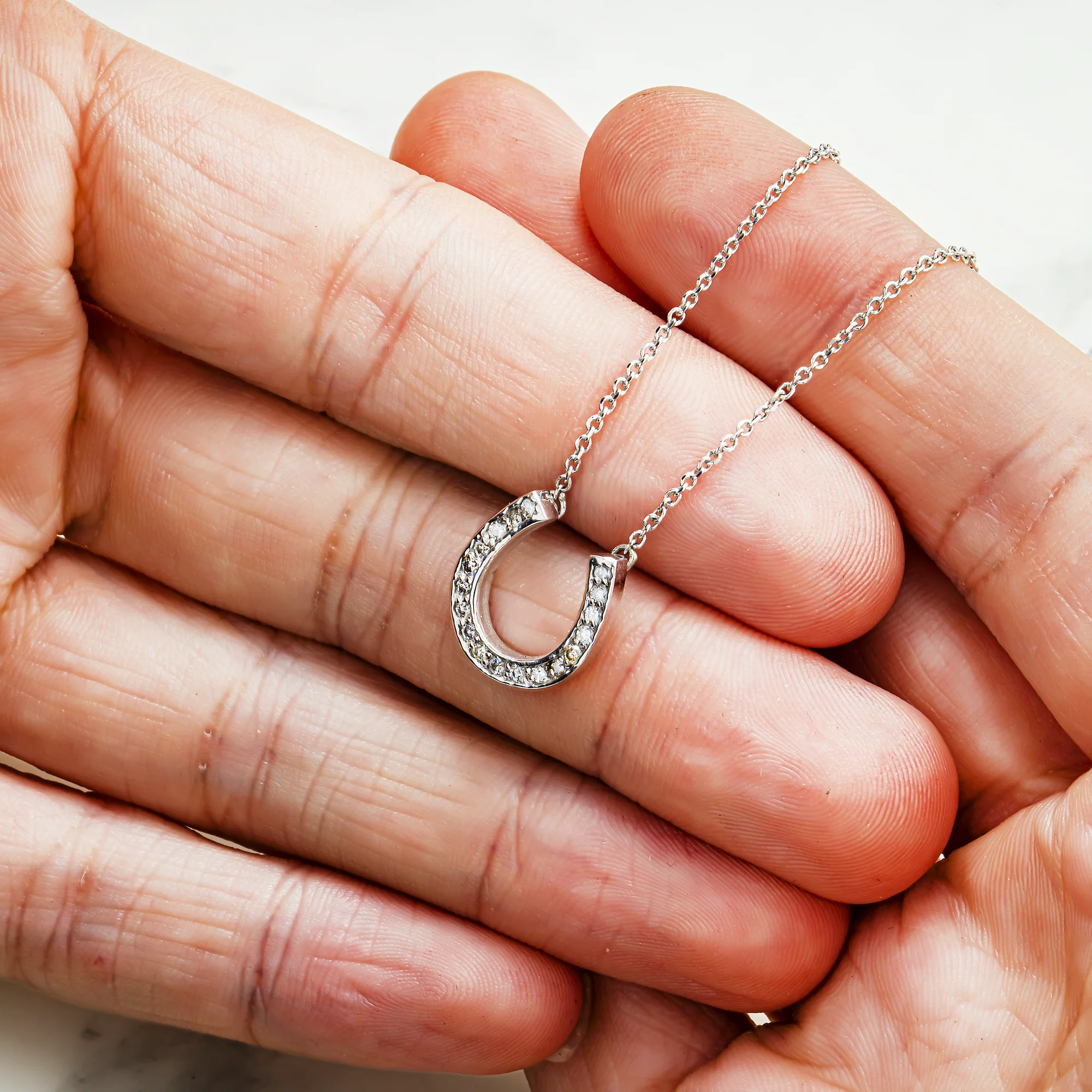 14K White Gold Round Diamond Horseshoe Pendant Necklace 0.45ct - Image 2