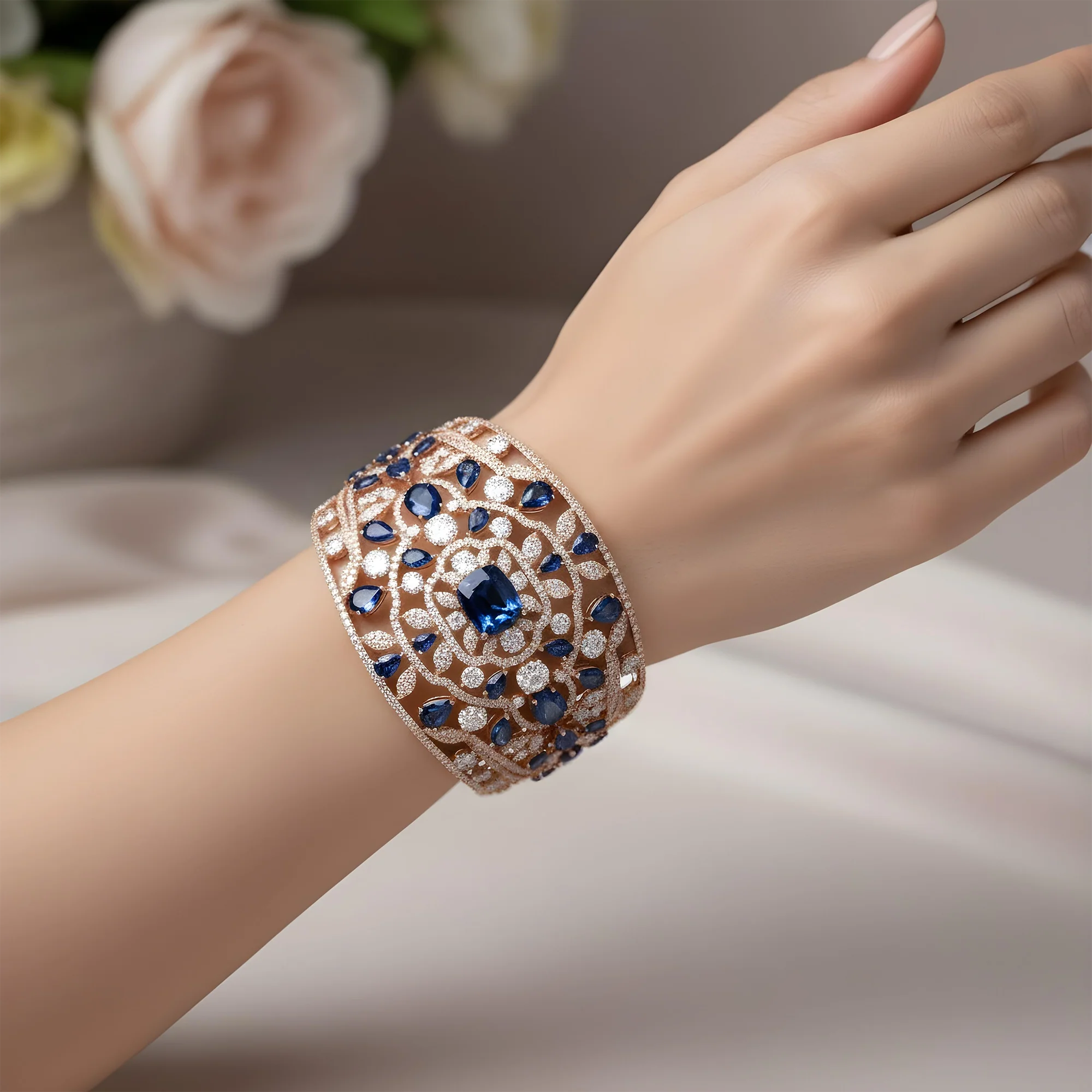 14K White Gold Round Diamond & Multi Cut Sapphire Cuff Bangle Bracelet 56.37ctw - Image 10