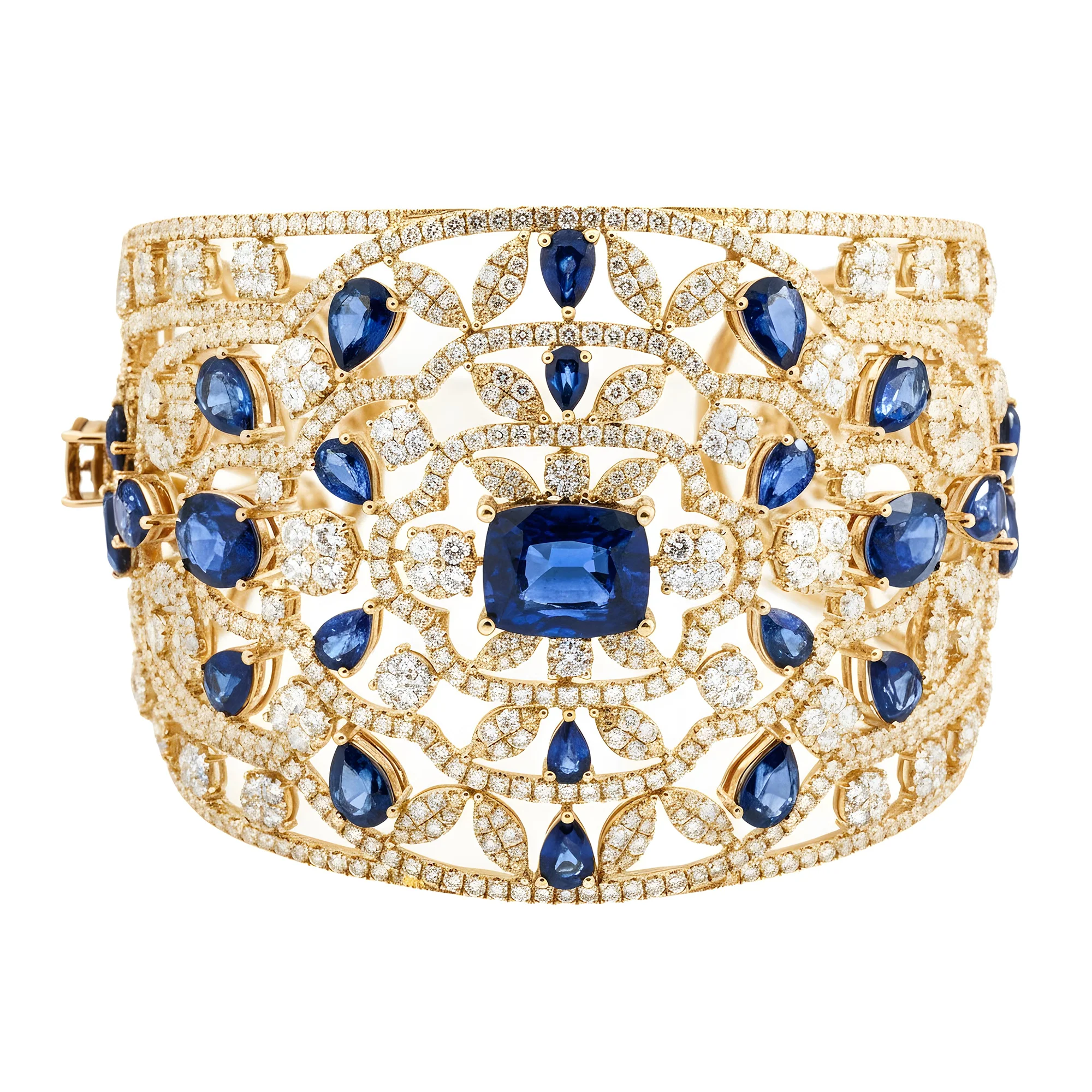 14K White Gold Round Diamond & Multi Cut Sapphire Cuff Bangle Bracelet 56.37ctw - Image 7