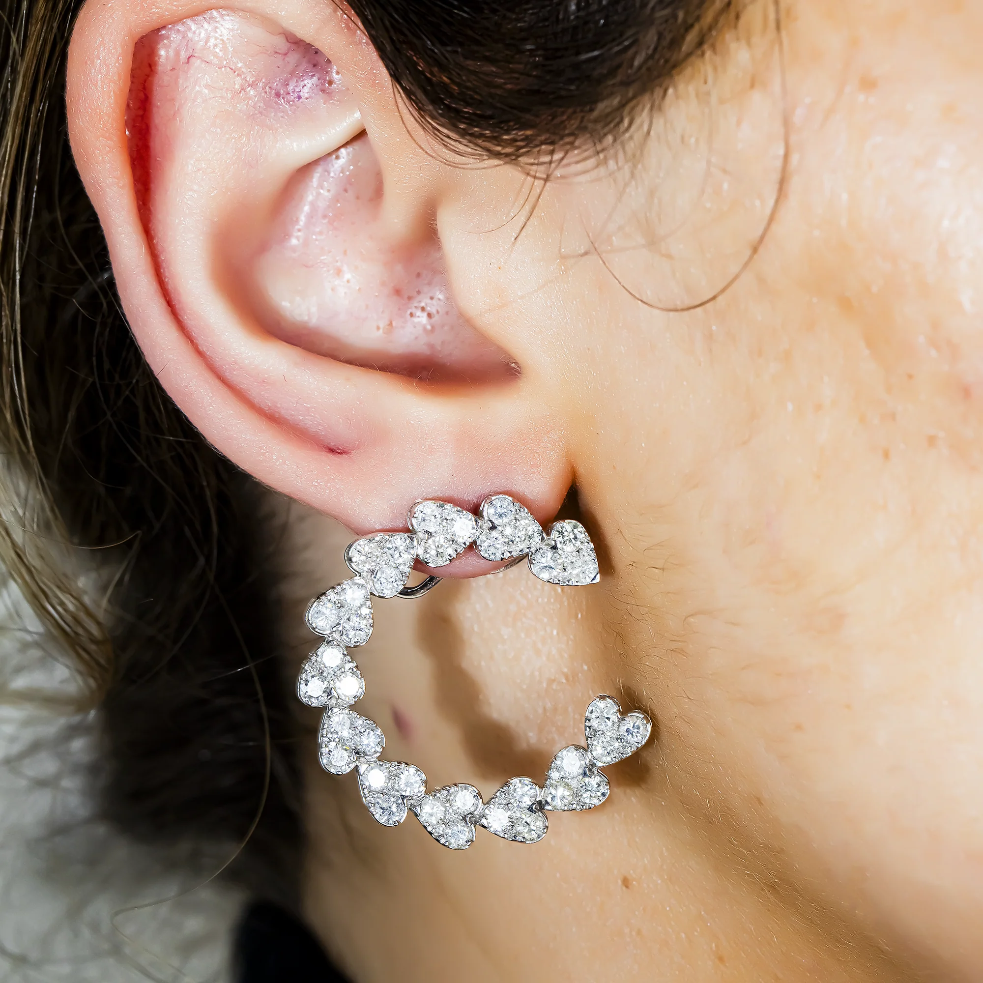 14K White Gold Round Diamond Open Hoop Heart Earrings 4.95ctw - Image 2