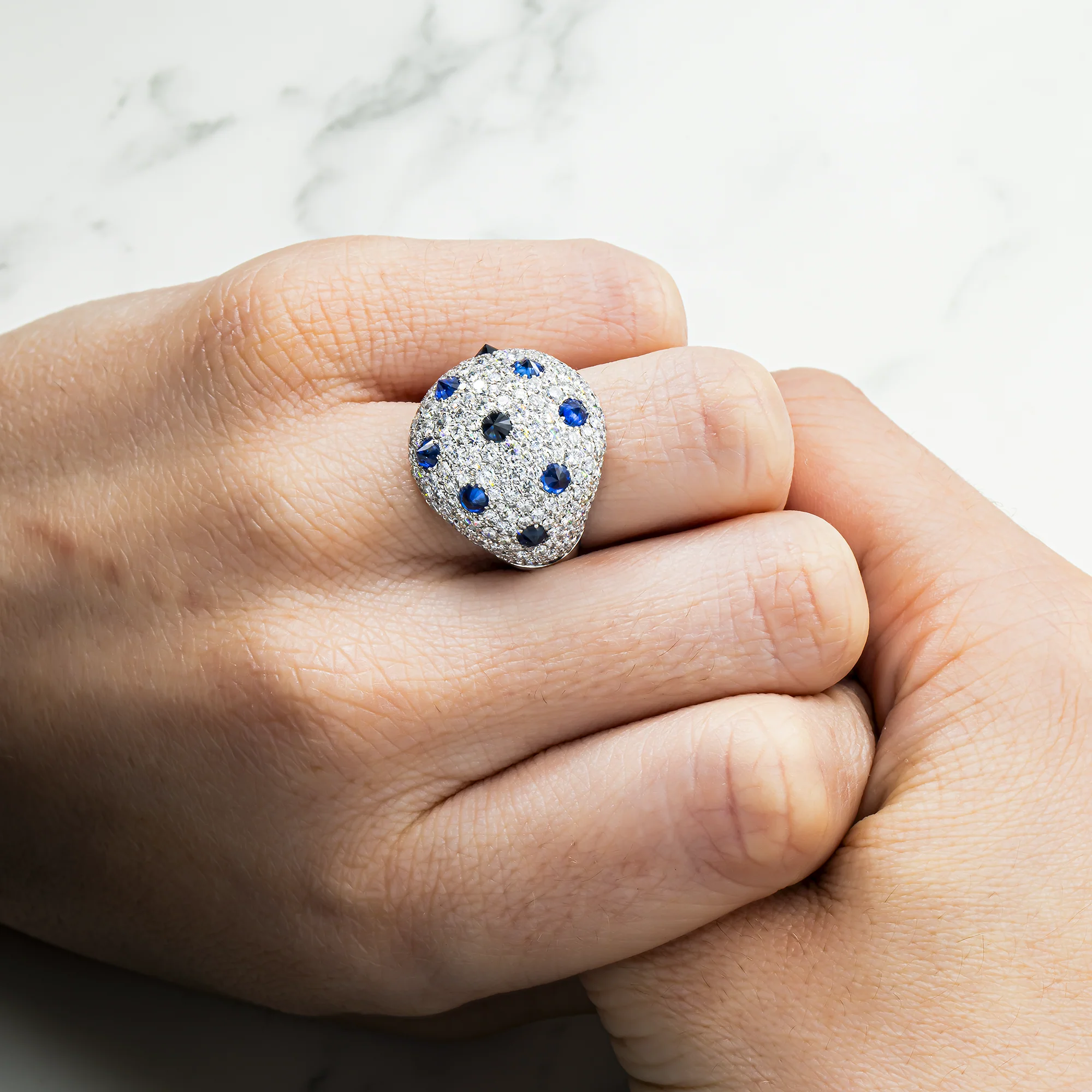 14K White Gold Round Diamond & Sapphire Cosmic Cocktail Ring - Image 2