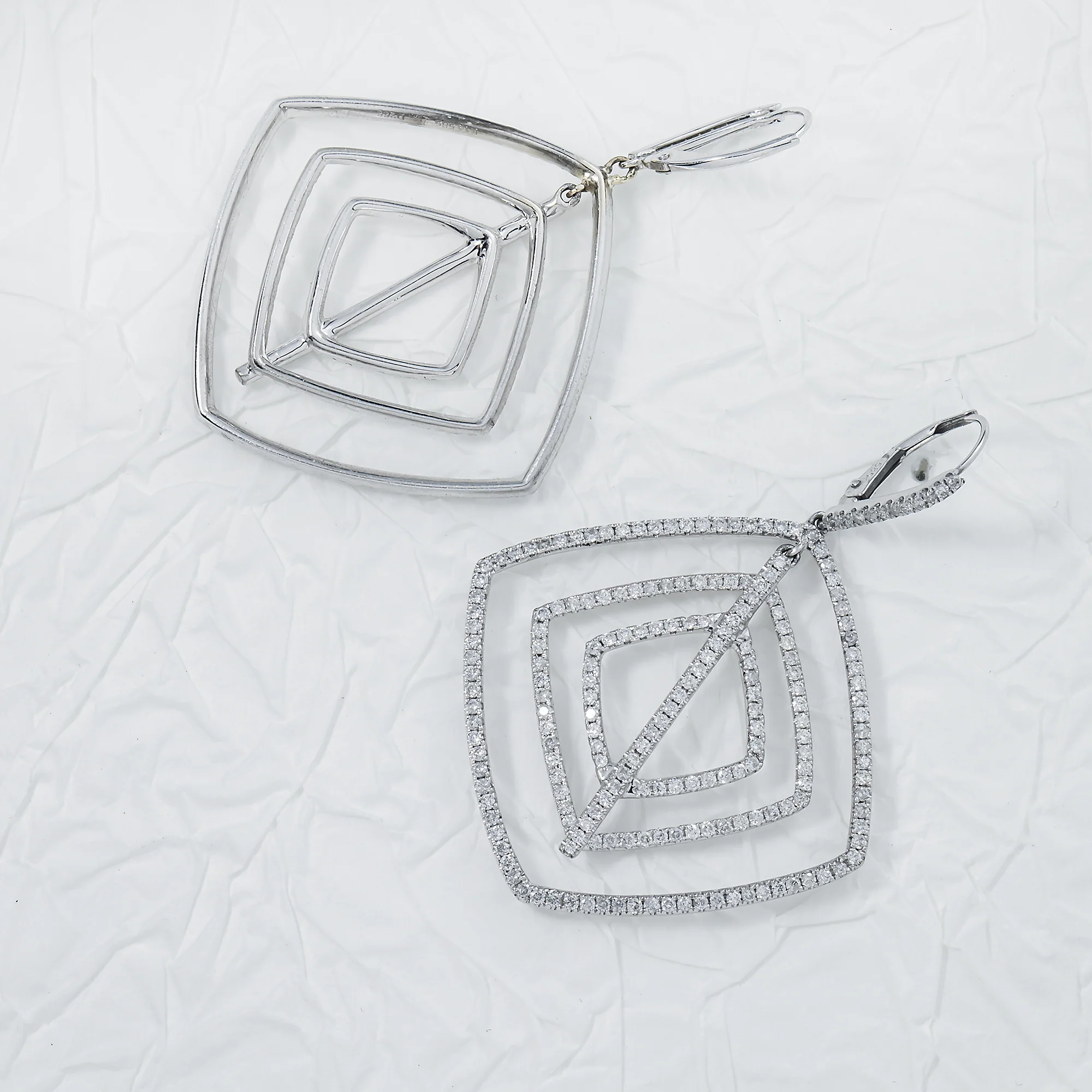14K White Gold Round Diamond Square Drop Earrings 2.66ctw - Image 3