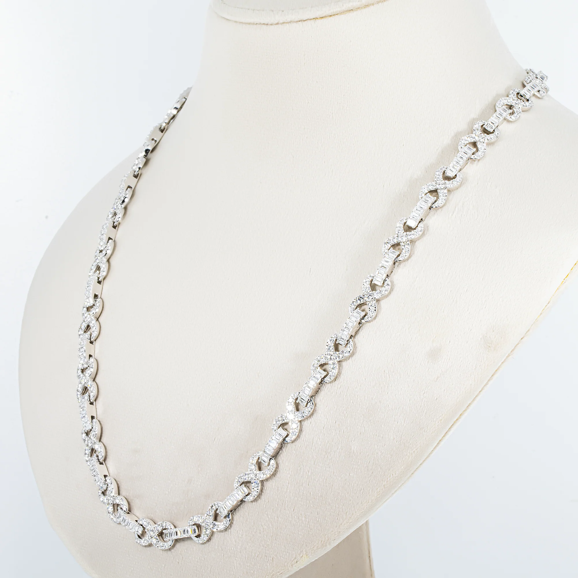 14K White Gold Round & Emerald Cut Diamond Infinity Link Necklace 29.30ct - Image 2