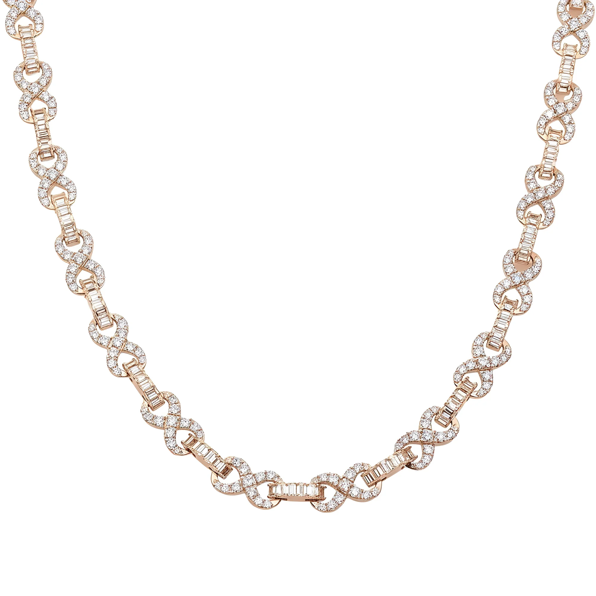 14K White Gold Round & Emerald Cut Diamond Infinity Link Necklace 29.30ct - Image 7