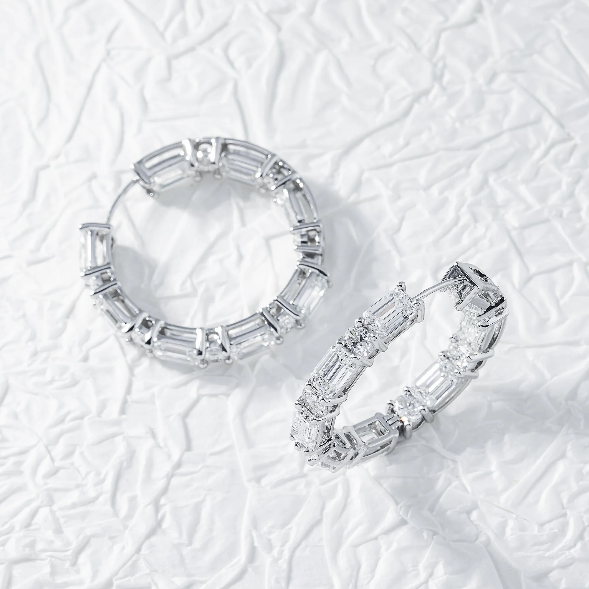 14K White Gold Round & Emerald Cut Diamond Inside Out Hoop Earrings 12.05ct - Image 3