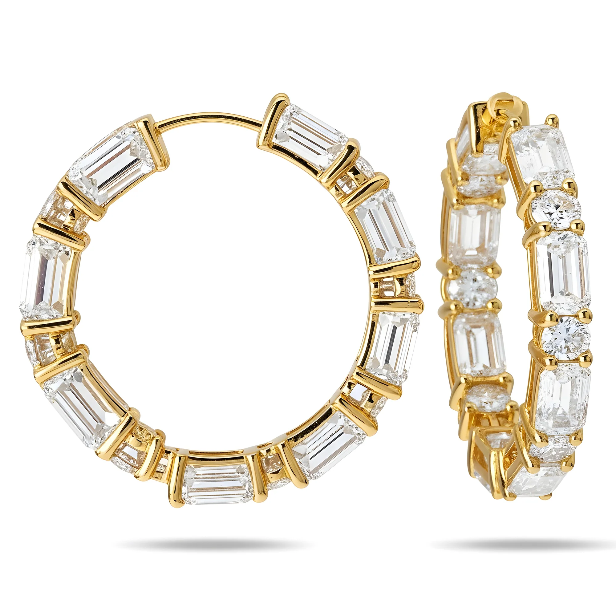 14K White Gold Round & Emerald Cut Diamond Inside Out Hoop Earrings 12.05ct - Image 4