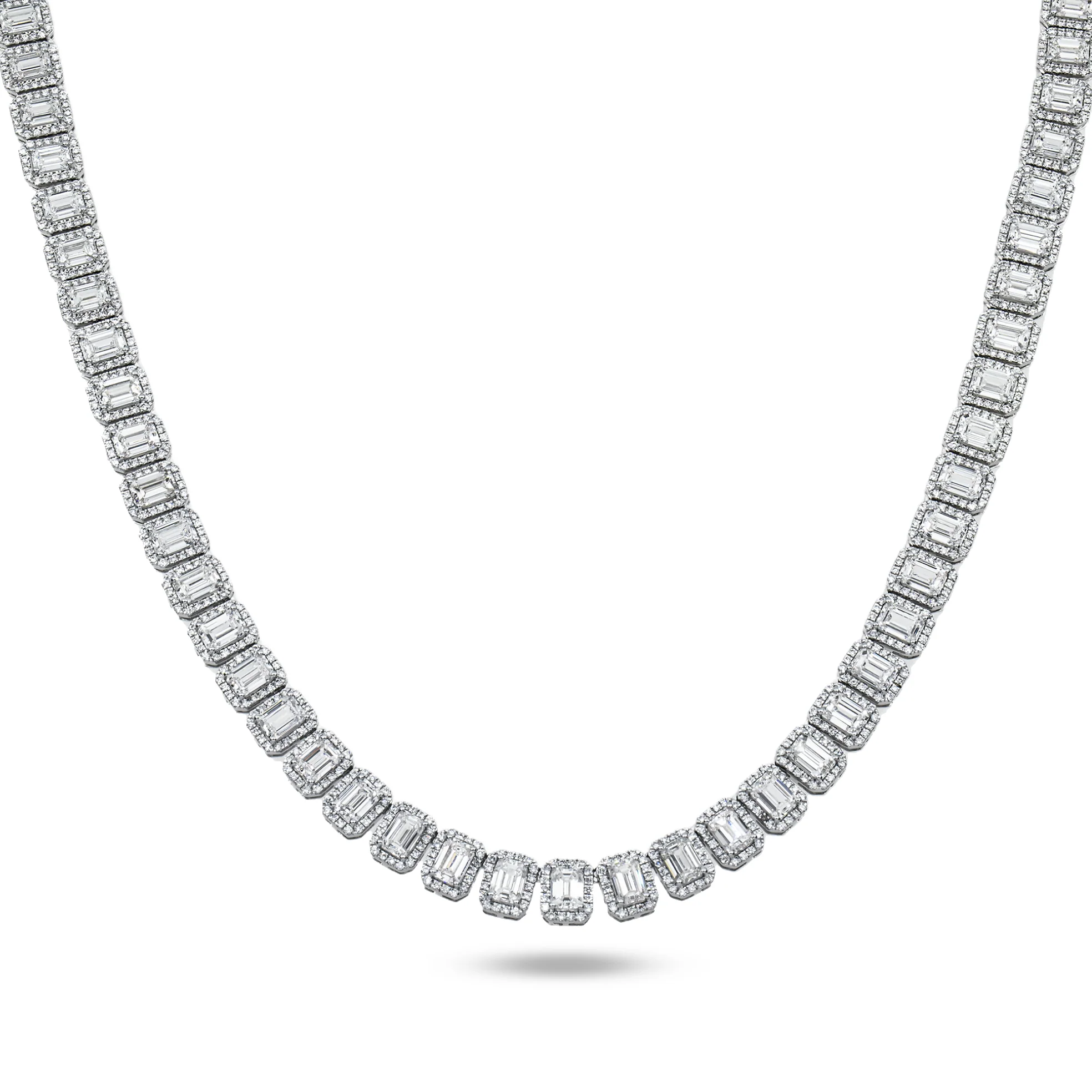 14K White Gold Round & Emerald Cut Diamond Tennis Chain 40.38ct