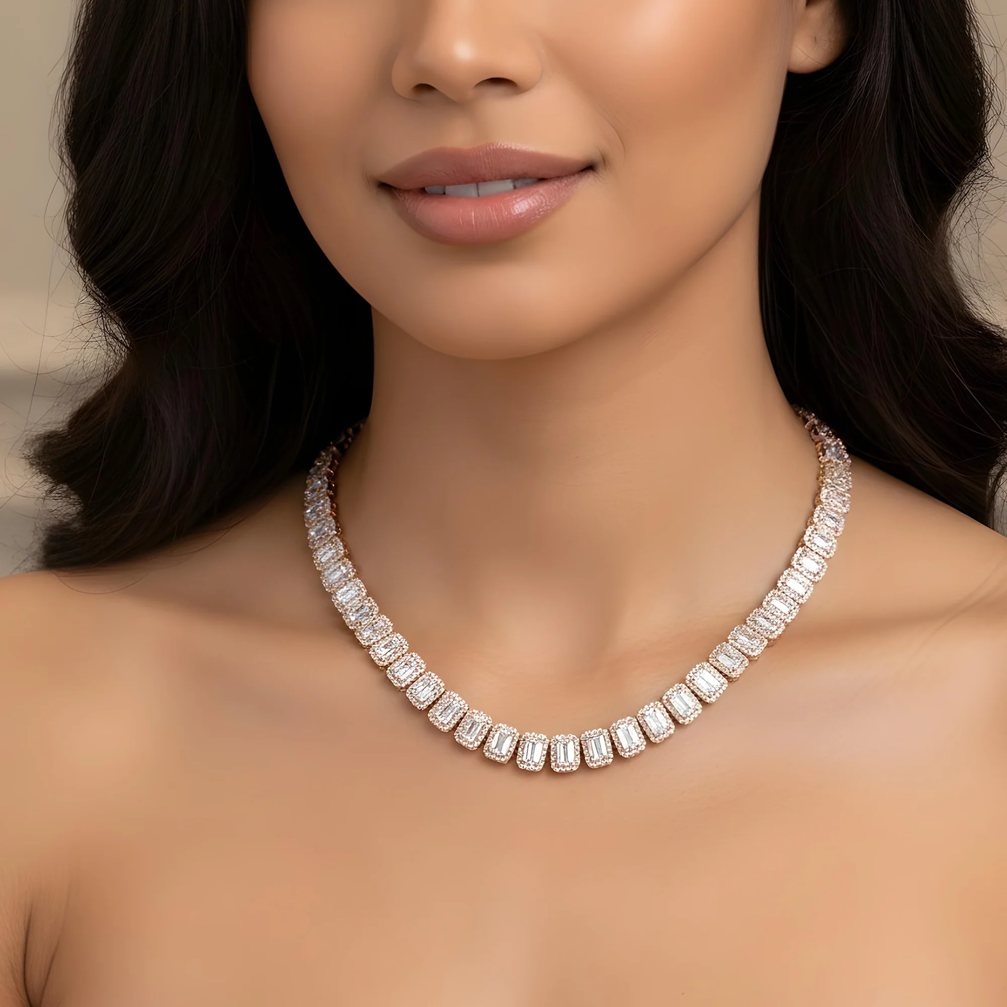 14K White Gold Round & Emerald Cut Diamond Tennis Chain 40.38ct - Image 8