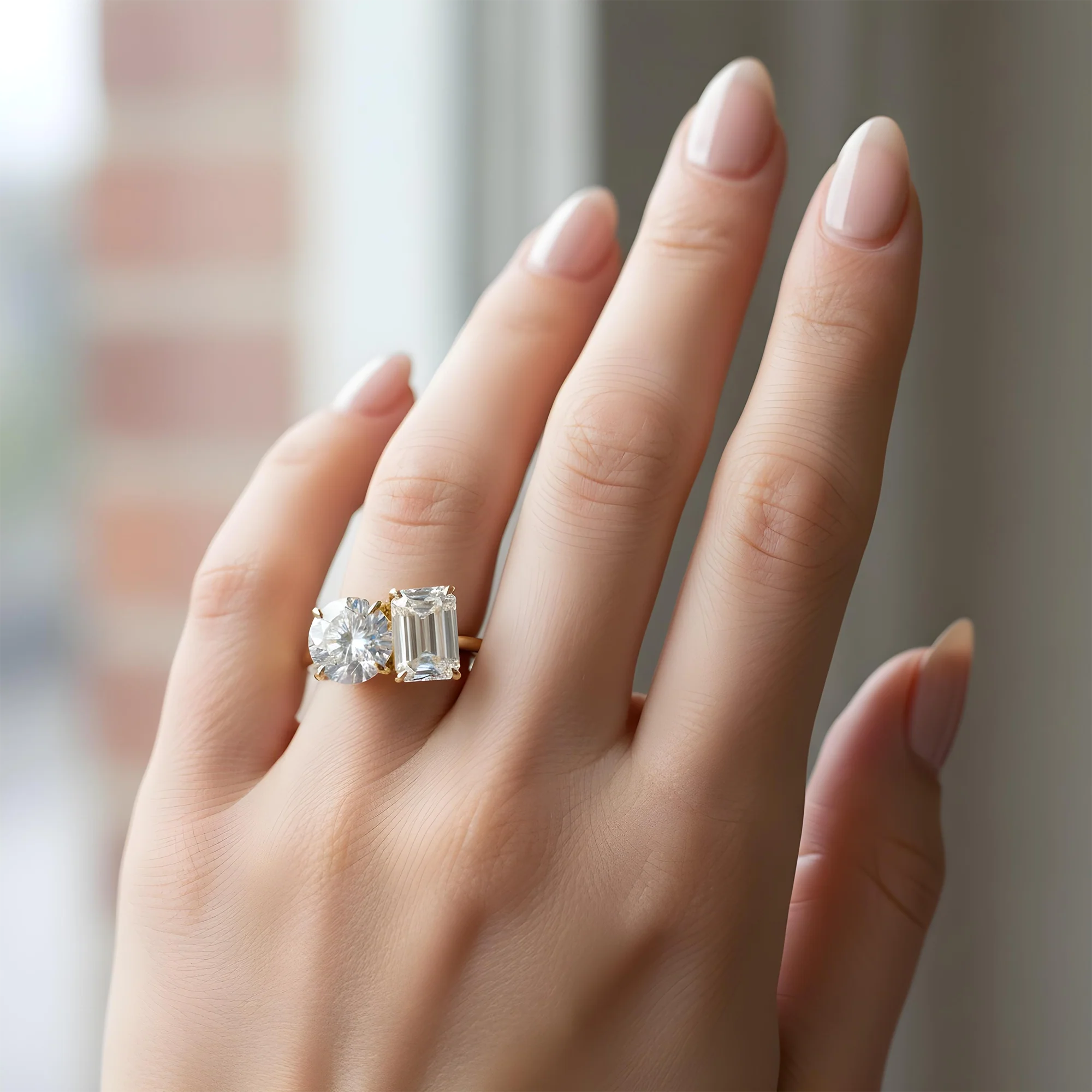 18K White Gold Round & Emerald Cut Double Diamond Toi et Moi Ring 7.52ctw - Image 7