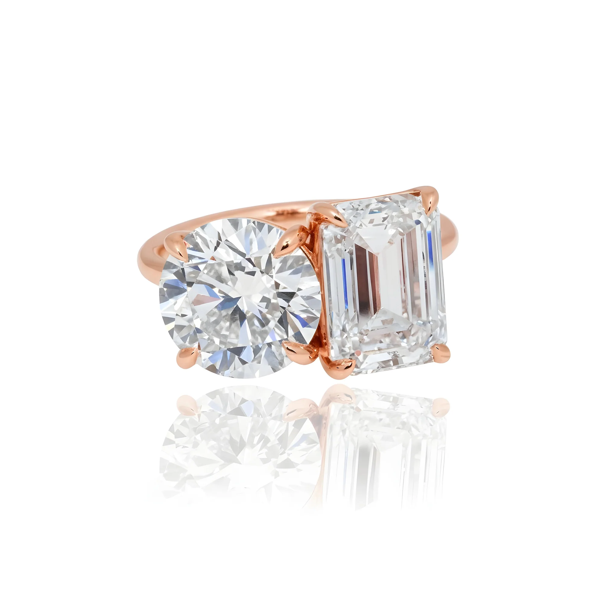 18K White Gold Round & Emerald Cut Double Diamond Toi et Moi Ring 7.52ctw - Image 8