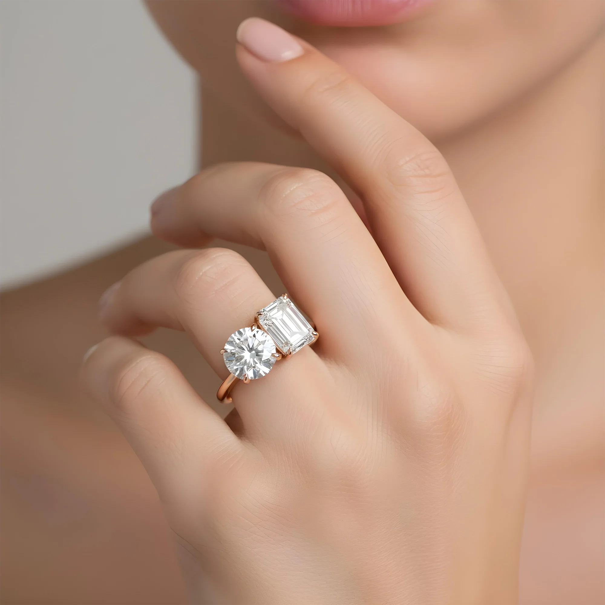 18K White Gold Round & Emerald Cut Double Diamond Toi et Moi Ring 7.52ctw - Image 9