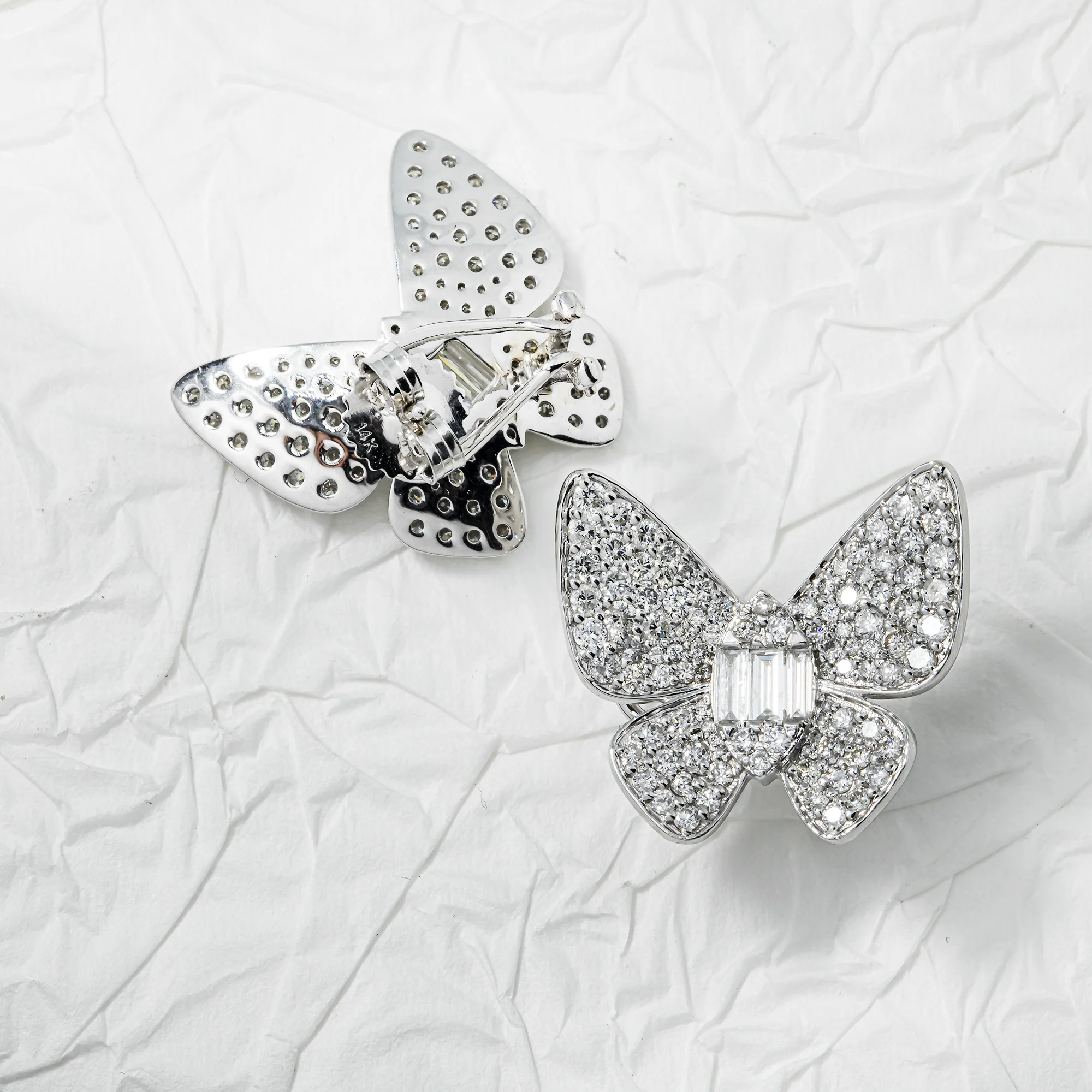 14K White Gold Round & Emerald Diamond Butterfly Stud Earrings 2.94ctw - Image 3