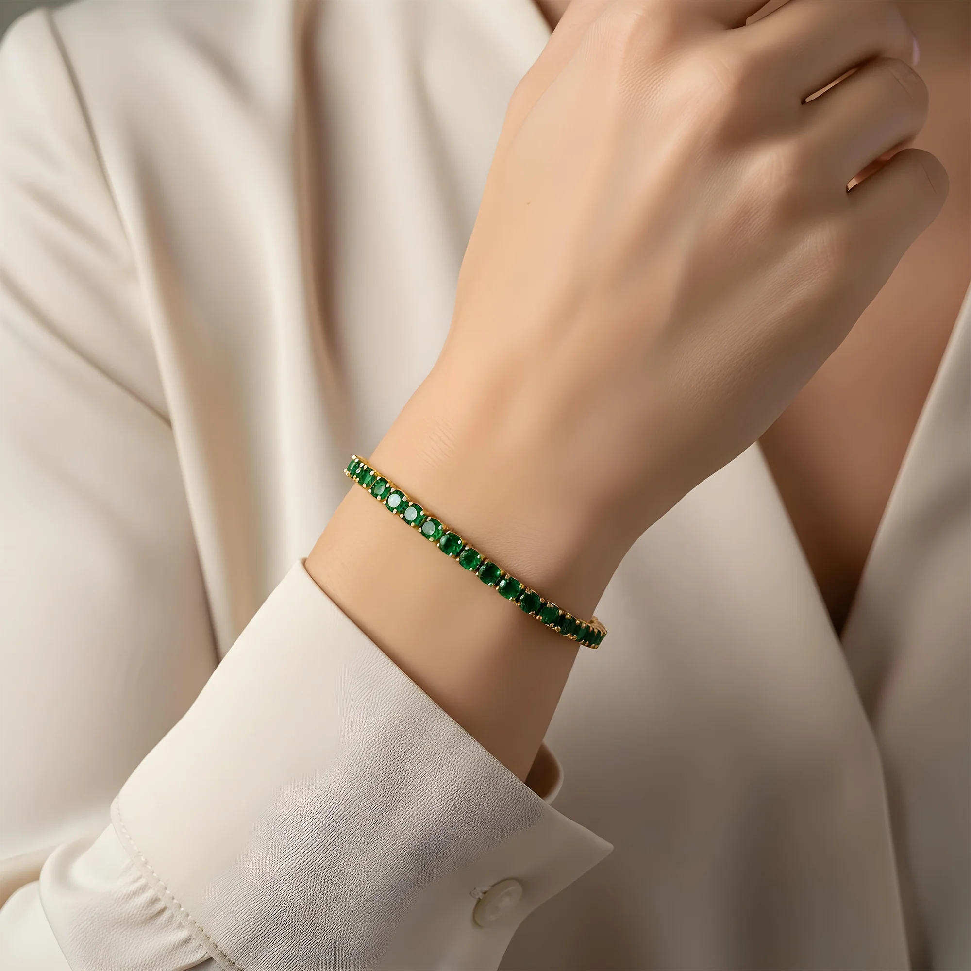 14K White Gold Round Emerald Tennis Bracelet 10.18ct - Image 6