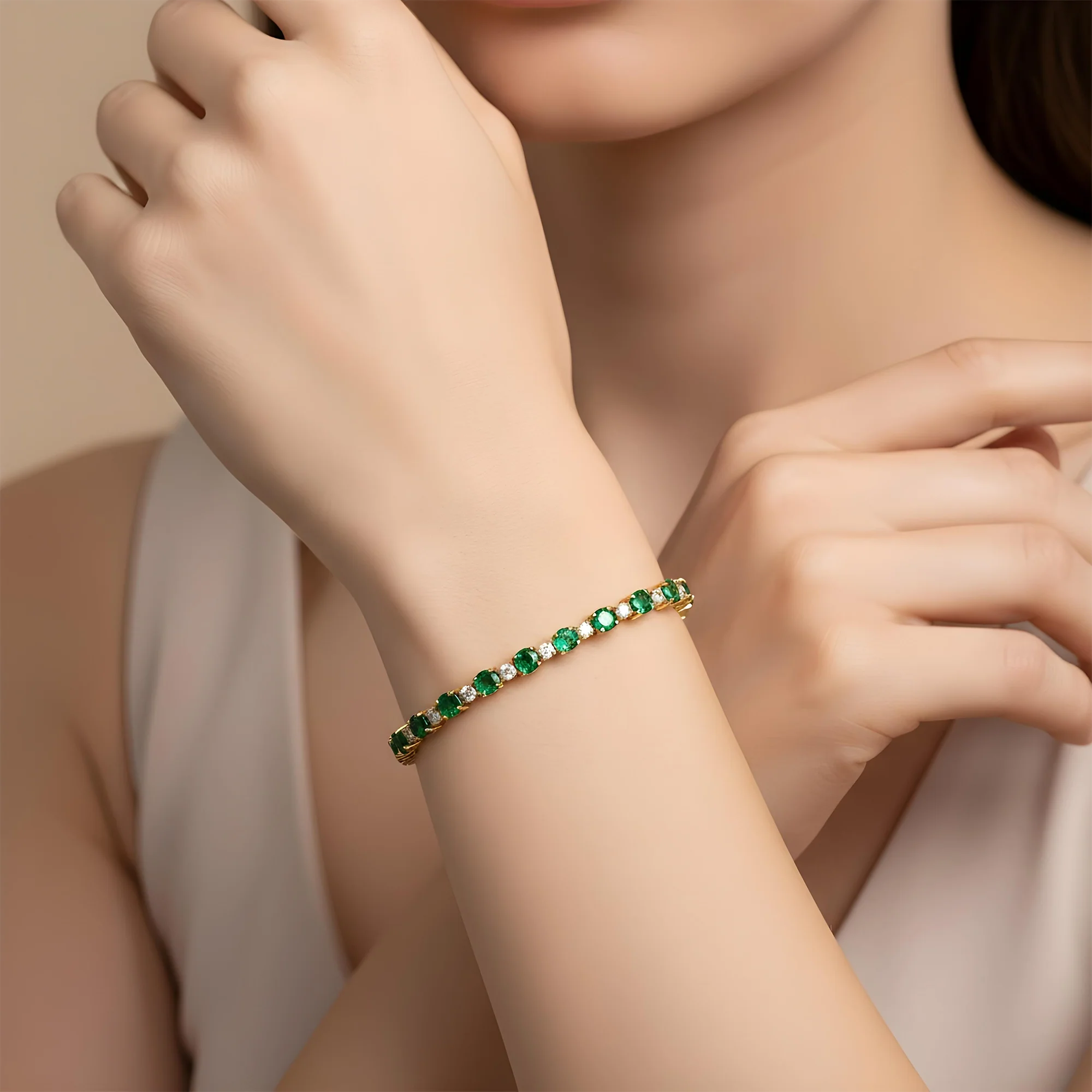14K White Gold Round Emerald & Diamond Tennis Bracelet 7.32ctw - Image 6