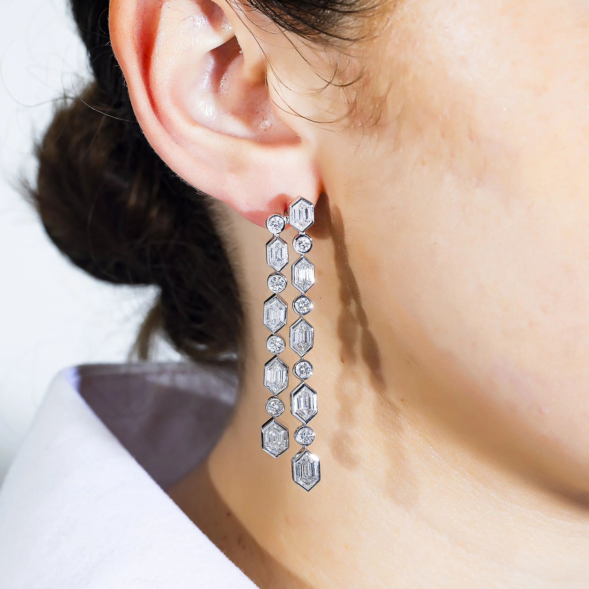 14K White Gold Hexagon cut Diamond Geometric Drop Earrings 10.90ct - Image 2