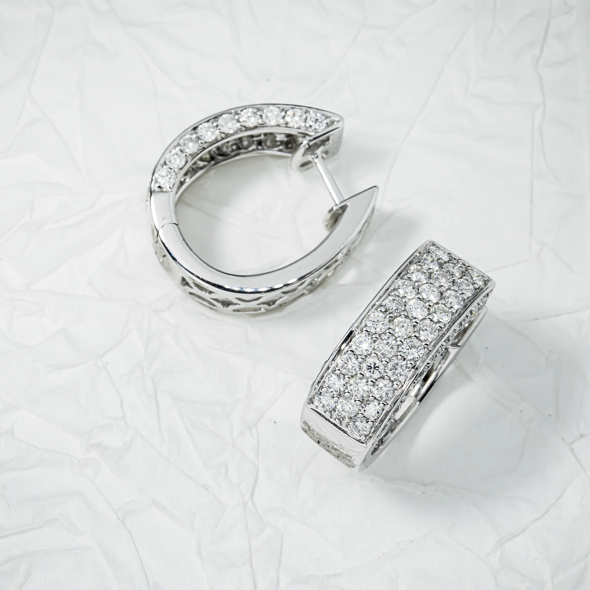 14K White Gold Round Pave Diamond Huggie Earrings 2.36ctw - Image 3