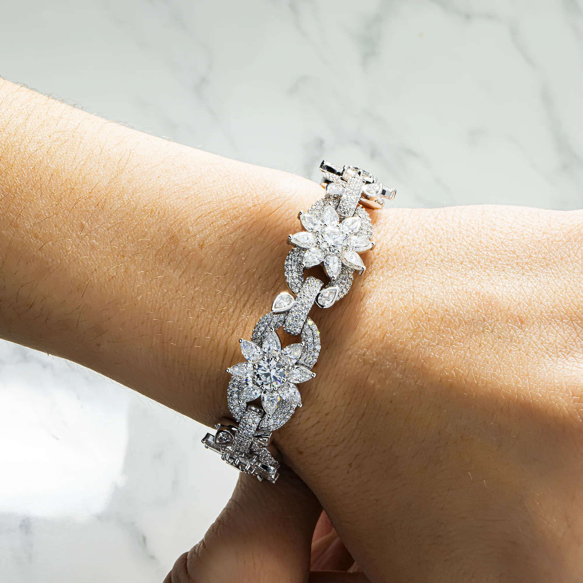 14K White Gold Round & Pear Cut Diamond Flower Bracelet 28.56ct - Image 2