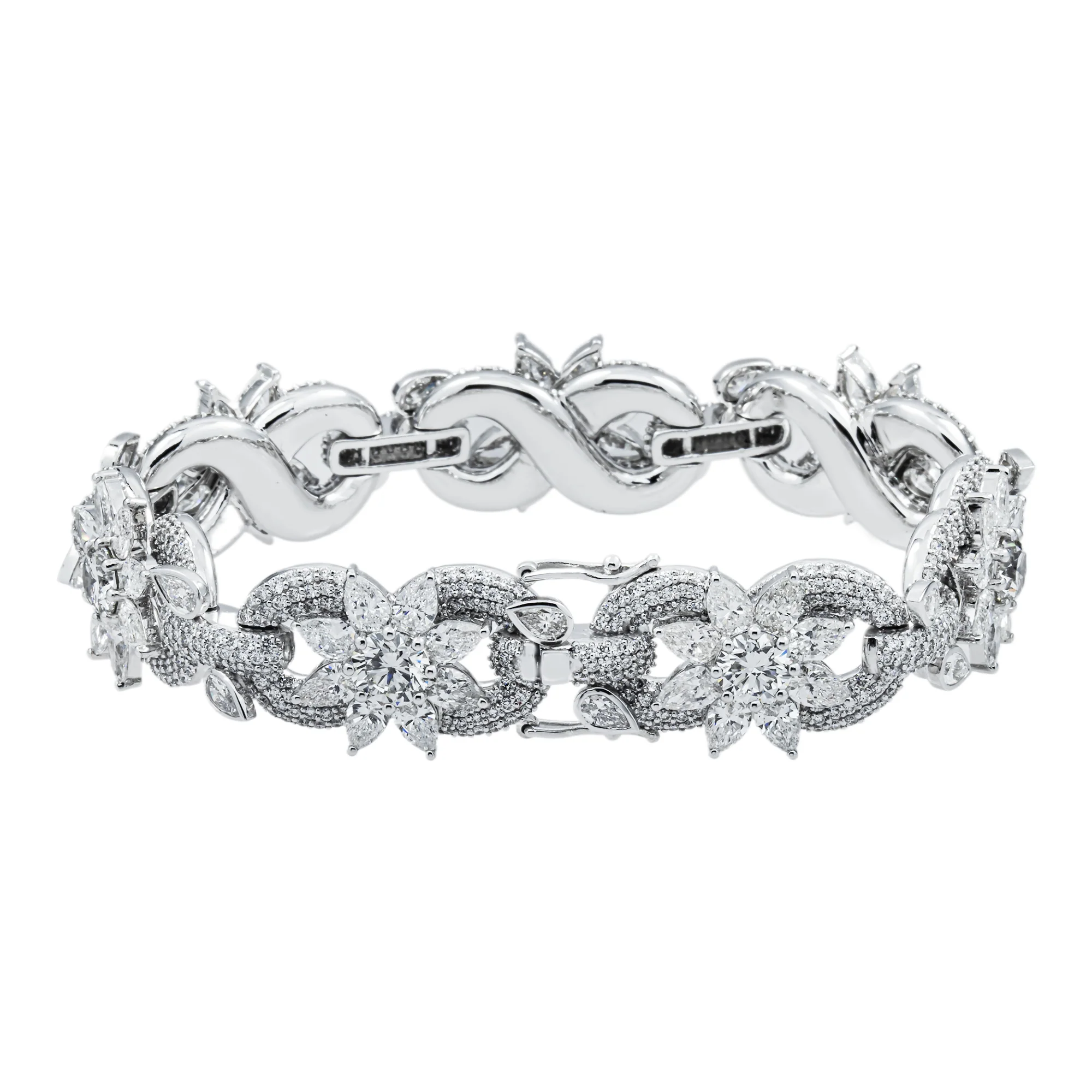 14K White Gold Round & Pear Cut Diamond Flower Bracelet 28.56ct - Image 4