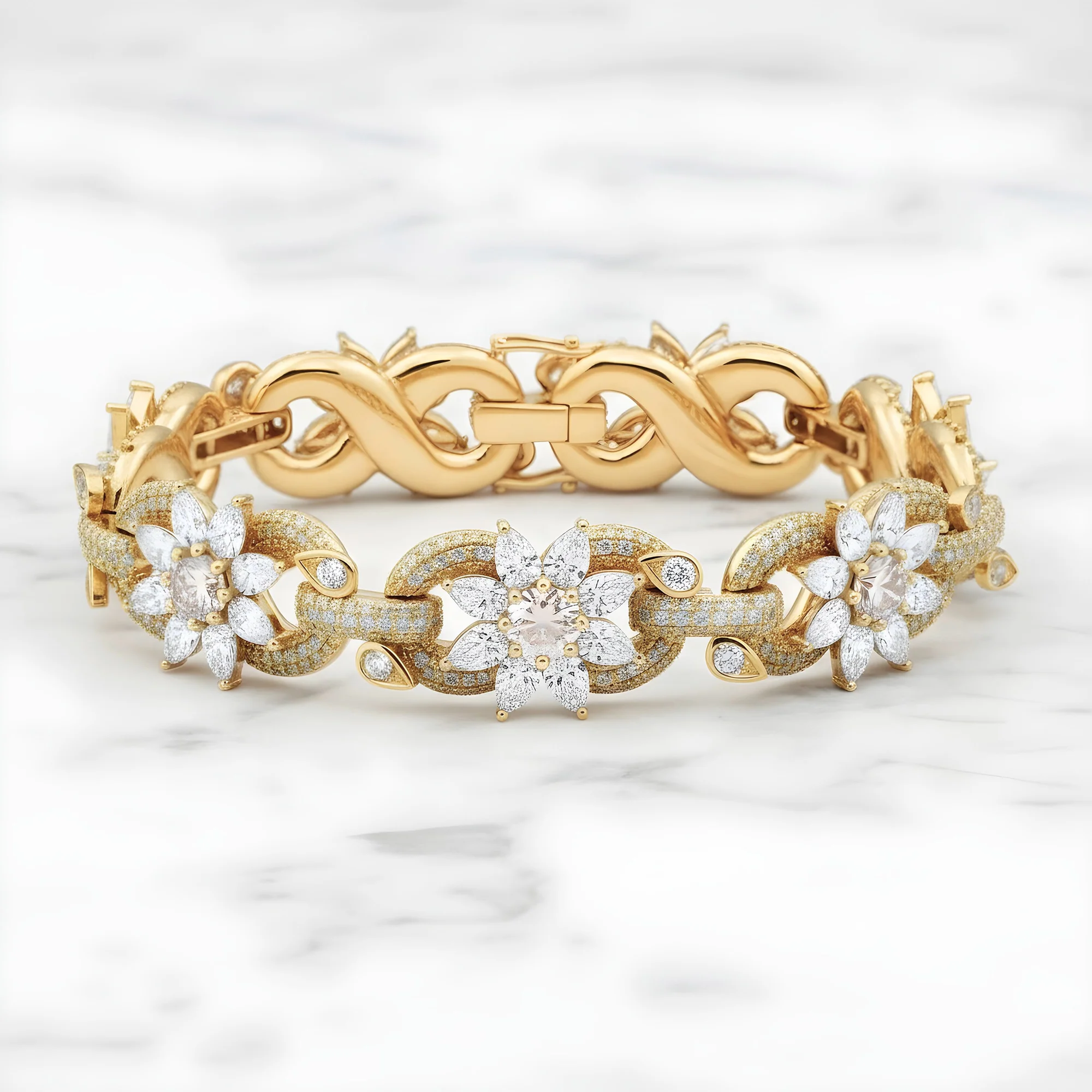 14K White Gold Round & Pear Cut Diamond Flower Bracelet 28.56ct - Image 5