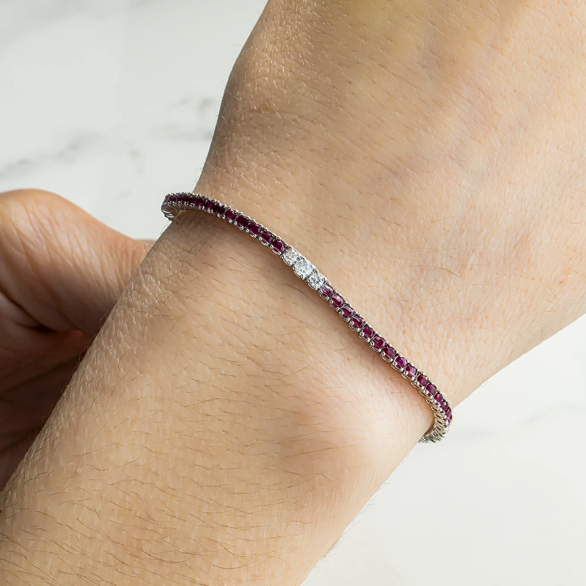 14K White Gold Round Ruby & Diamond Tennis Bracelet - Image 2