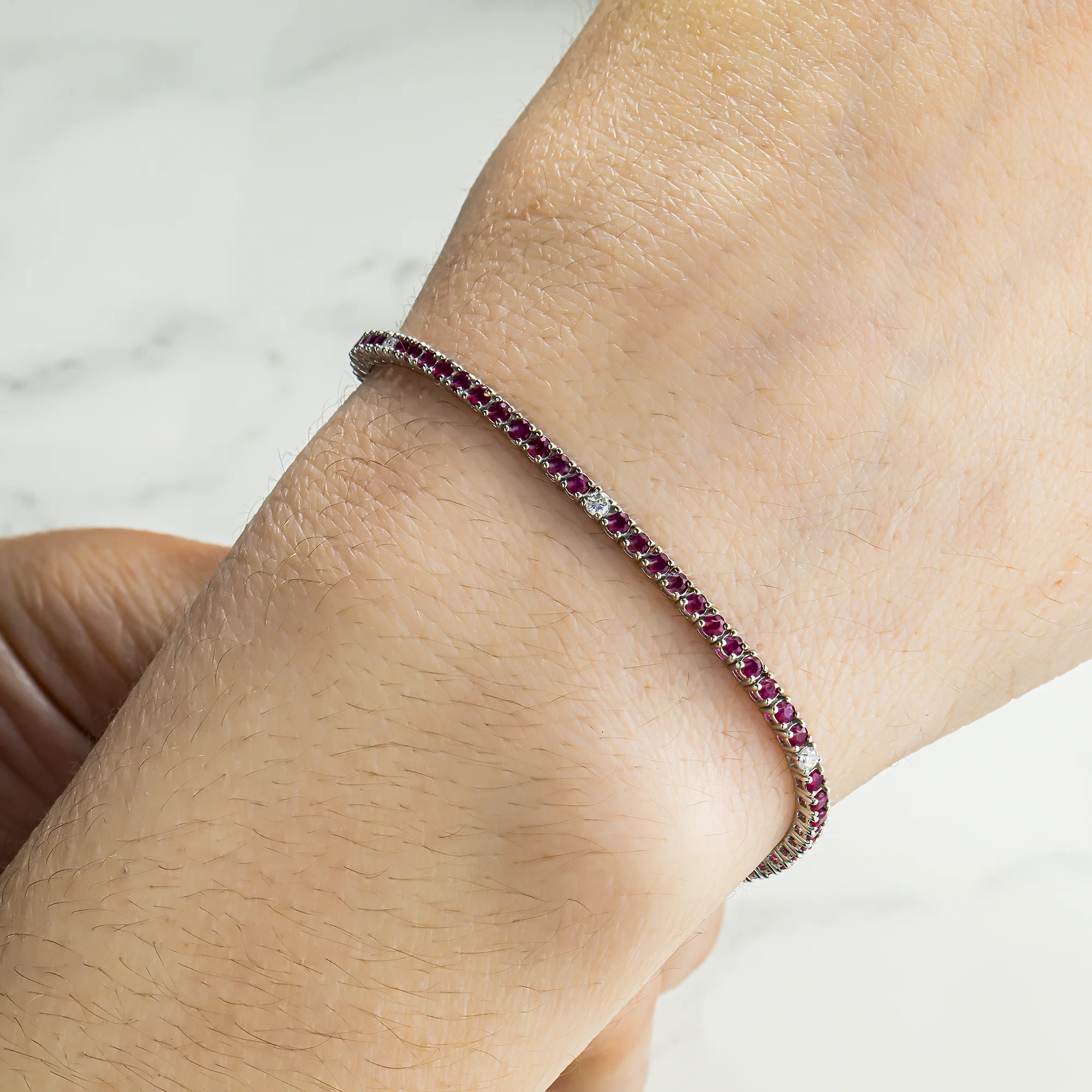 14K White Gold Round Ruby & Diamond Tennis Bracelet - Image 2