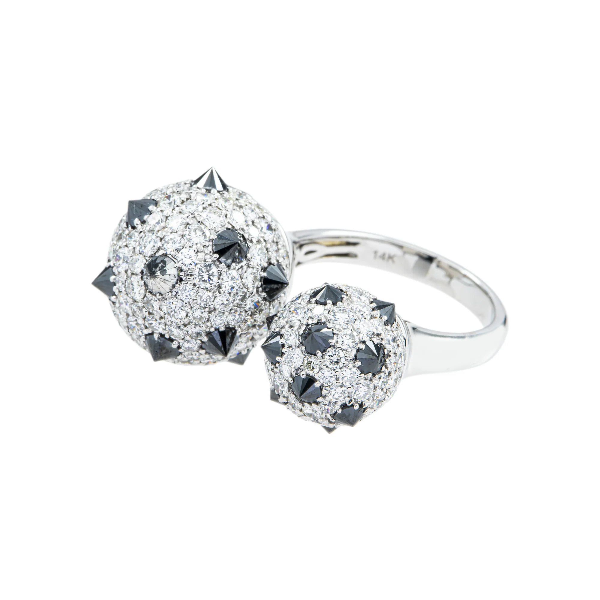 14K White Gold Round White & Black Diamond Flintstone Cocktail Ring - Image 4