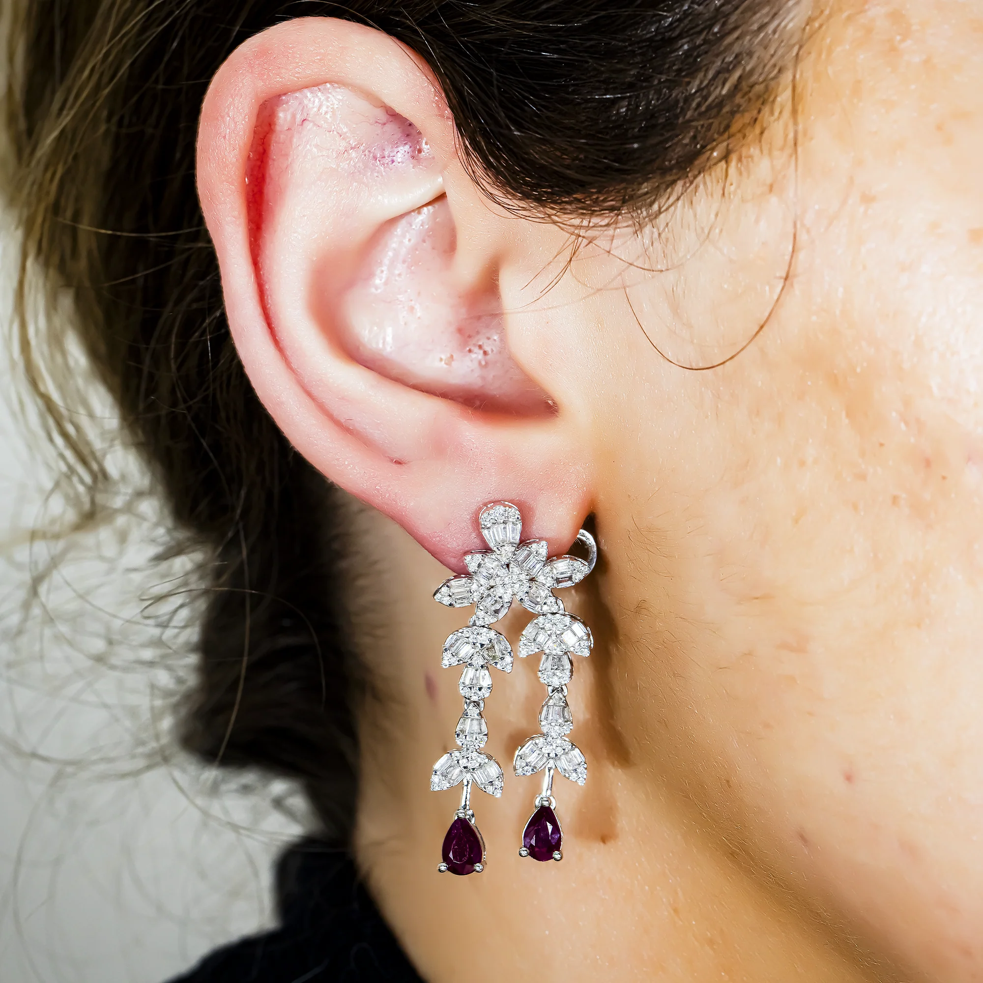 14K White Gold Ruby & Diamond Drop Earrings 4.29ctw - Image 2