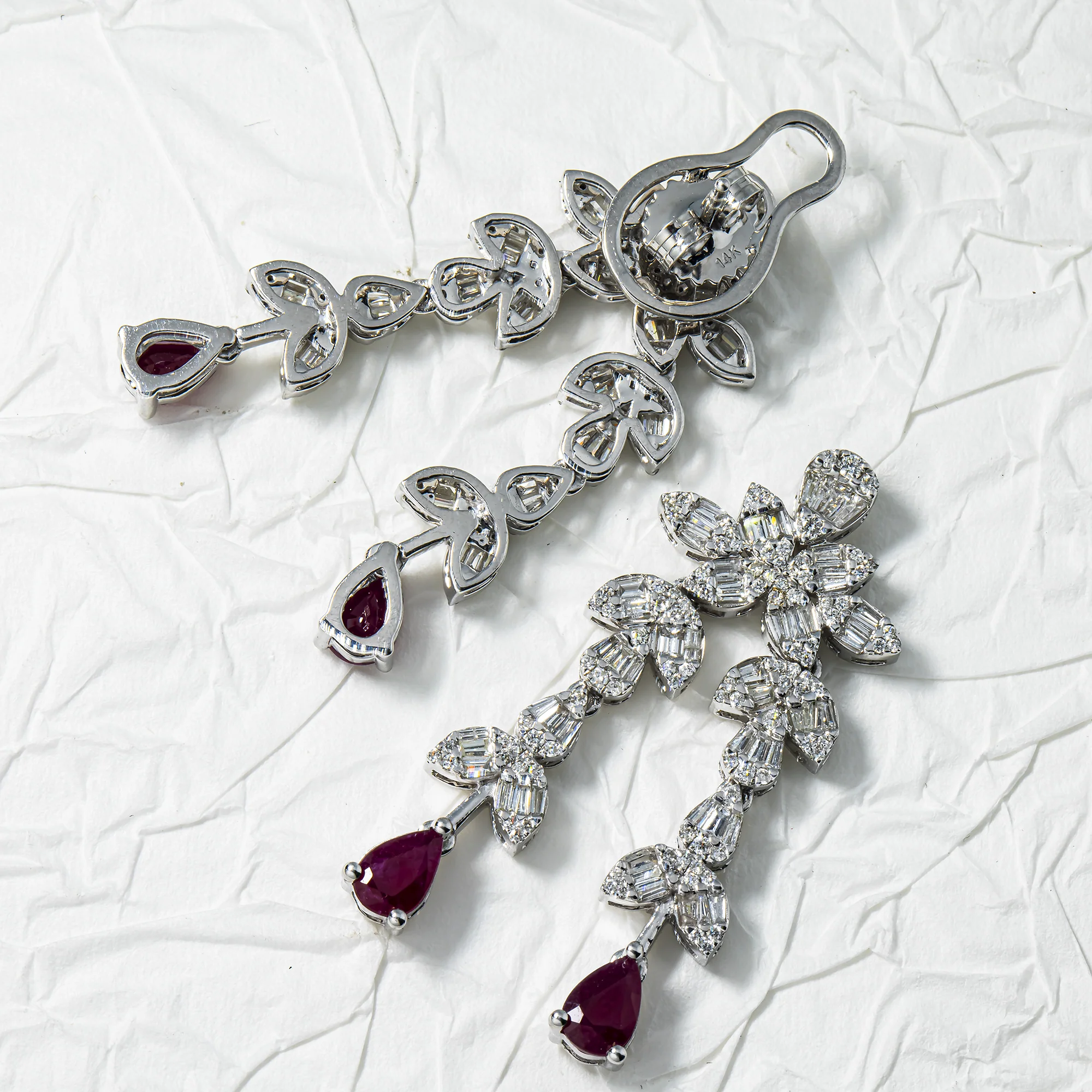 14K White Gold Ruby & Diamond Drop Earrings 4.29ctw - Image 3